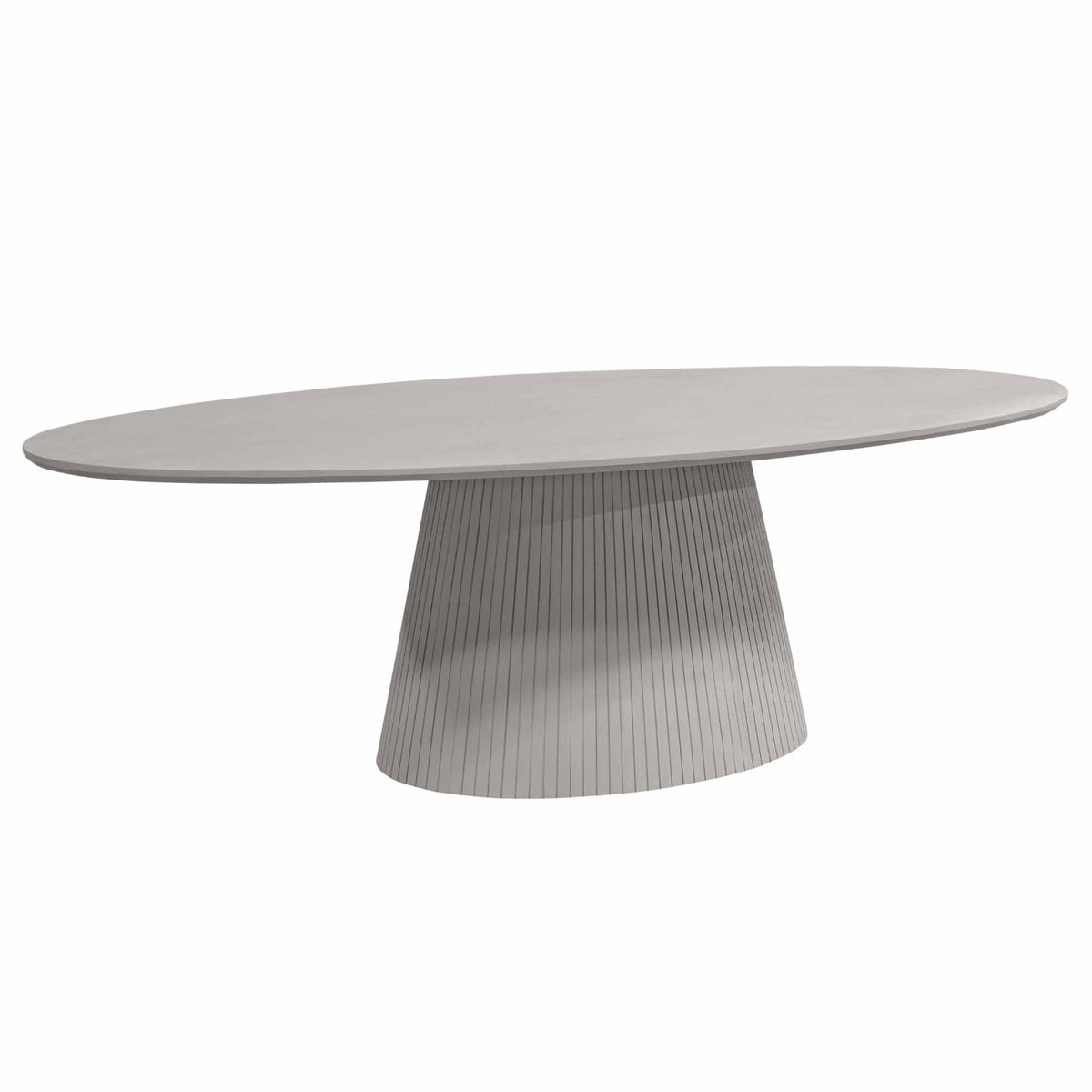 Taupe ovale eettafel met centrale poot, zijaanzicht