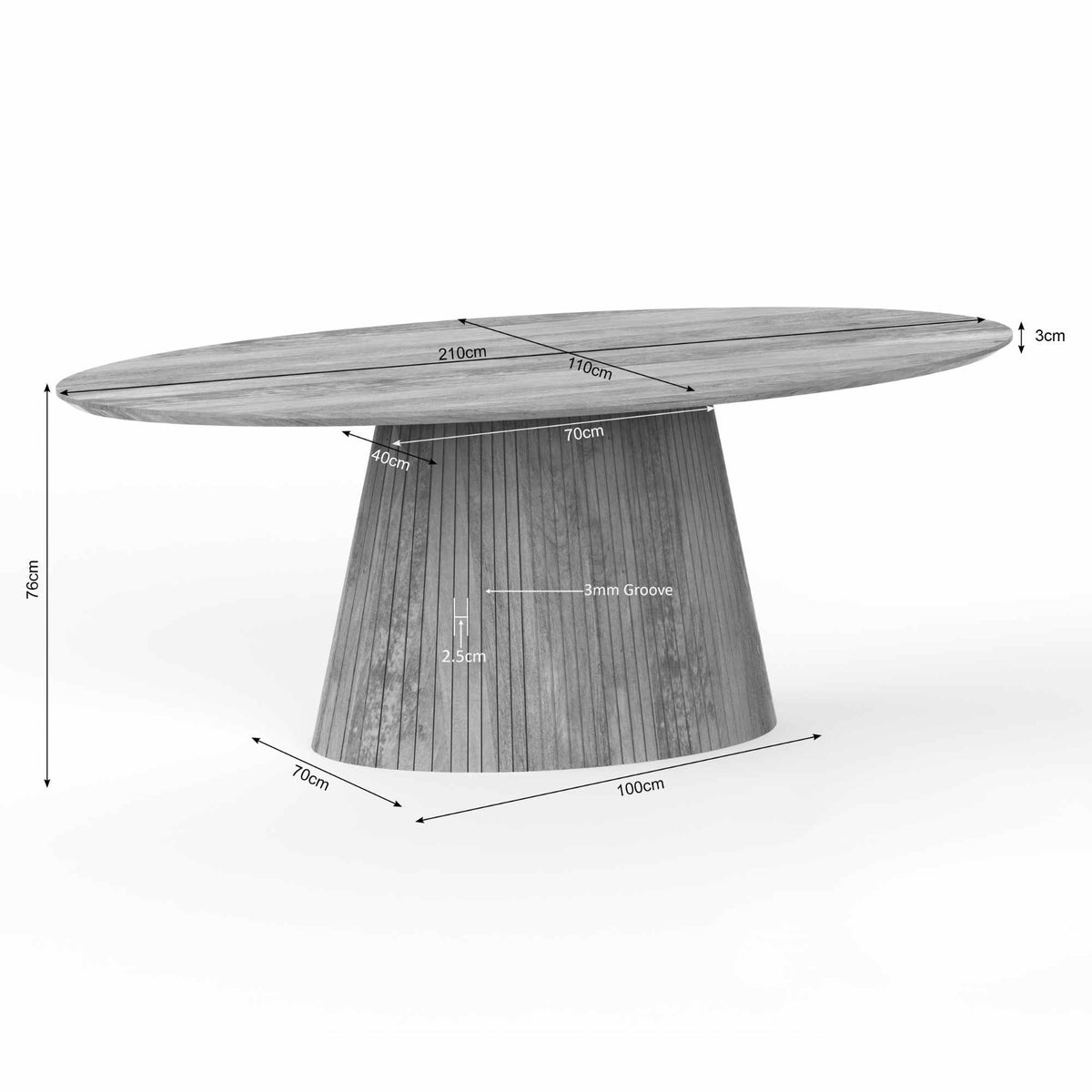 Taupe ovale eettafel met afmetingen 210 cm en 110 cm