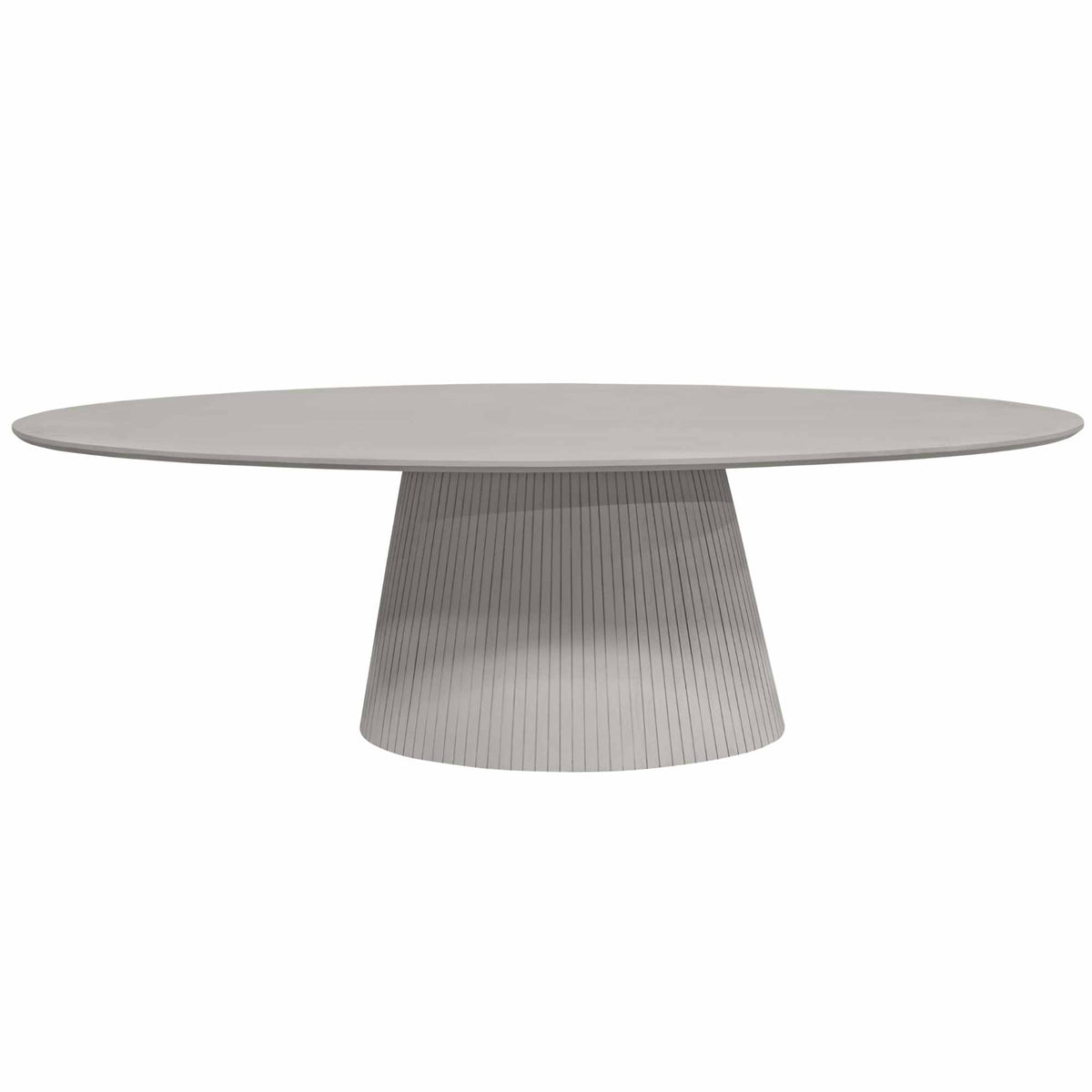 Taupe ovale eettafel met centrale poot en afgeronde vorm