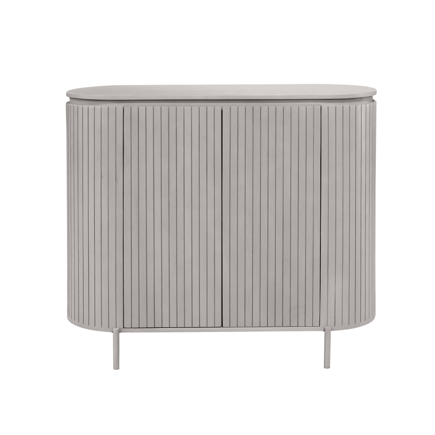 Taupe kast met ronde deksel, verticaal geribbelde frontpanelen en smalle pootjes.