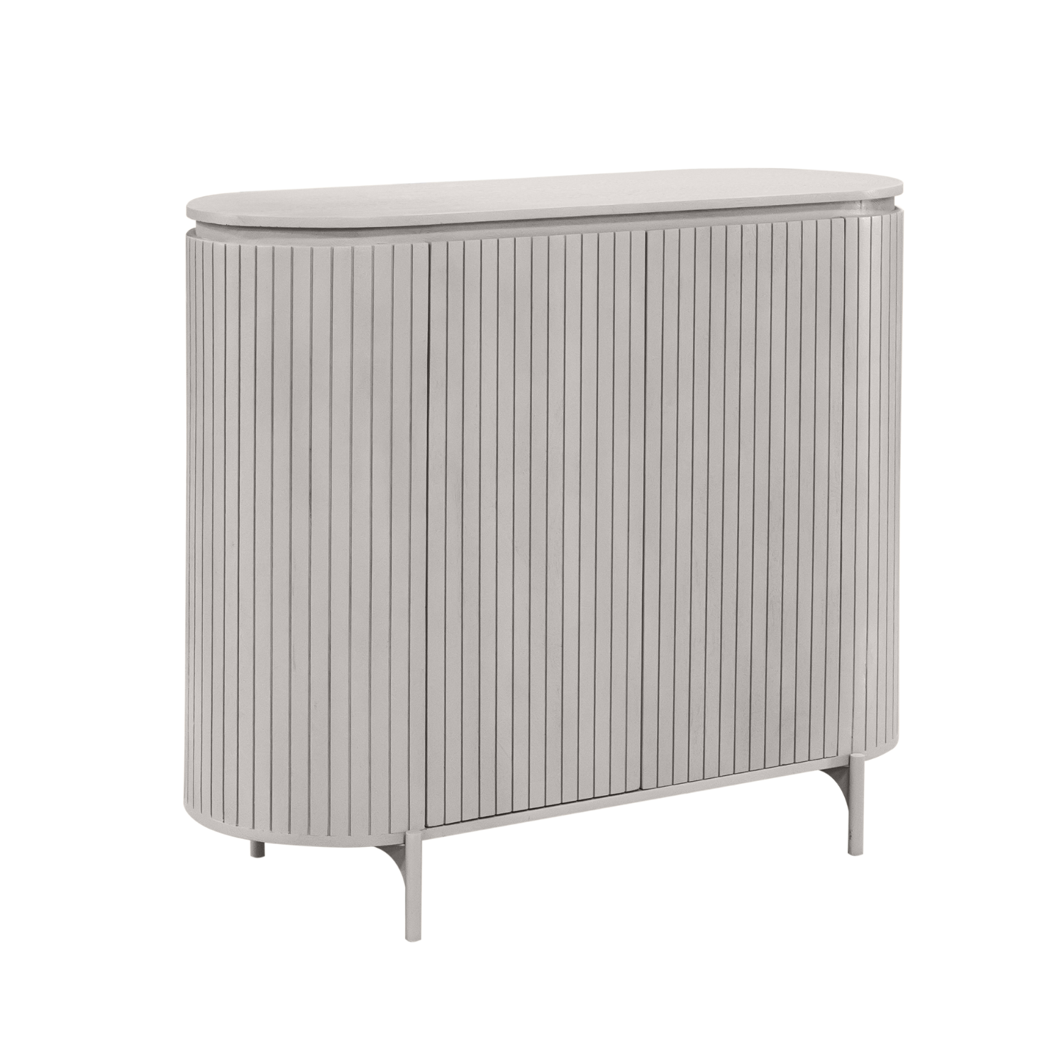 Taupe kast met afgeronde hoeken, verticaal gestreepte frontpanelen en twee deuren.