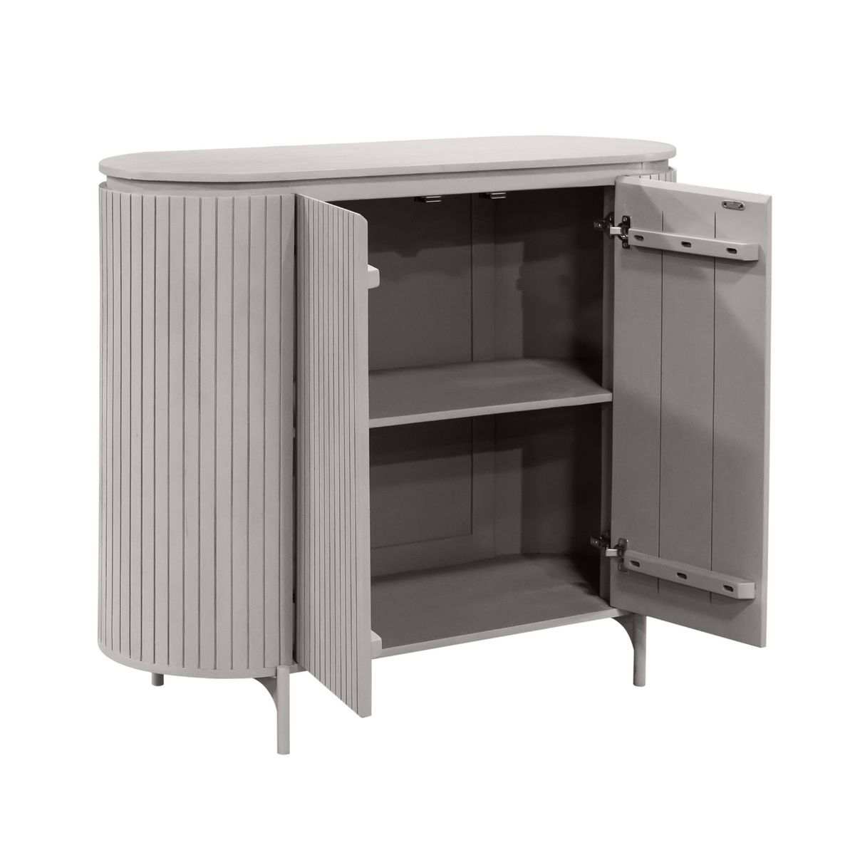 Taupe kast met open deuren en zichtbare binnenplanken, afgeronde zijpanelen, smalle pootjes.