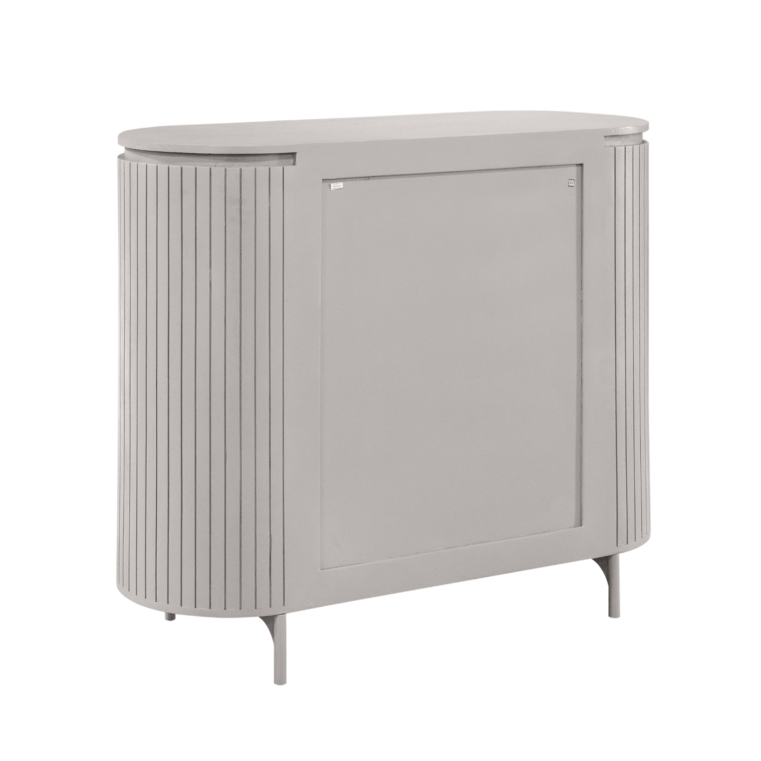 Taupe kast met rechthoekig deurvlak, verticaal gestreepte zijkanten en ronde bovenkant.