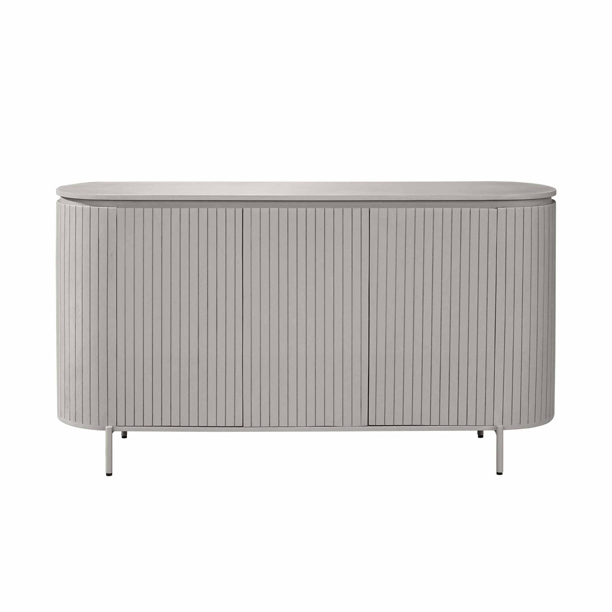 Taupe dressoir met ronde bovenkant, ribbelpanelen en dunne pootjes