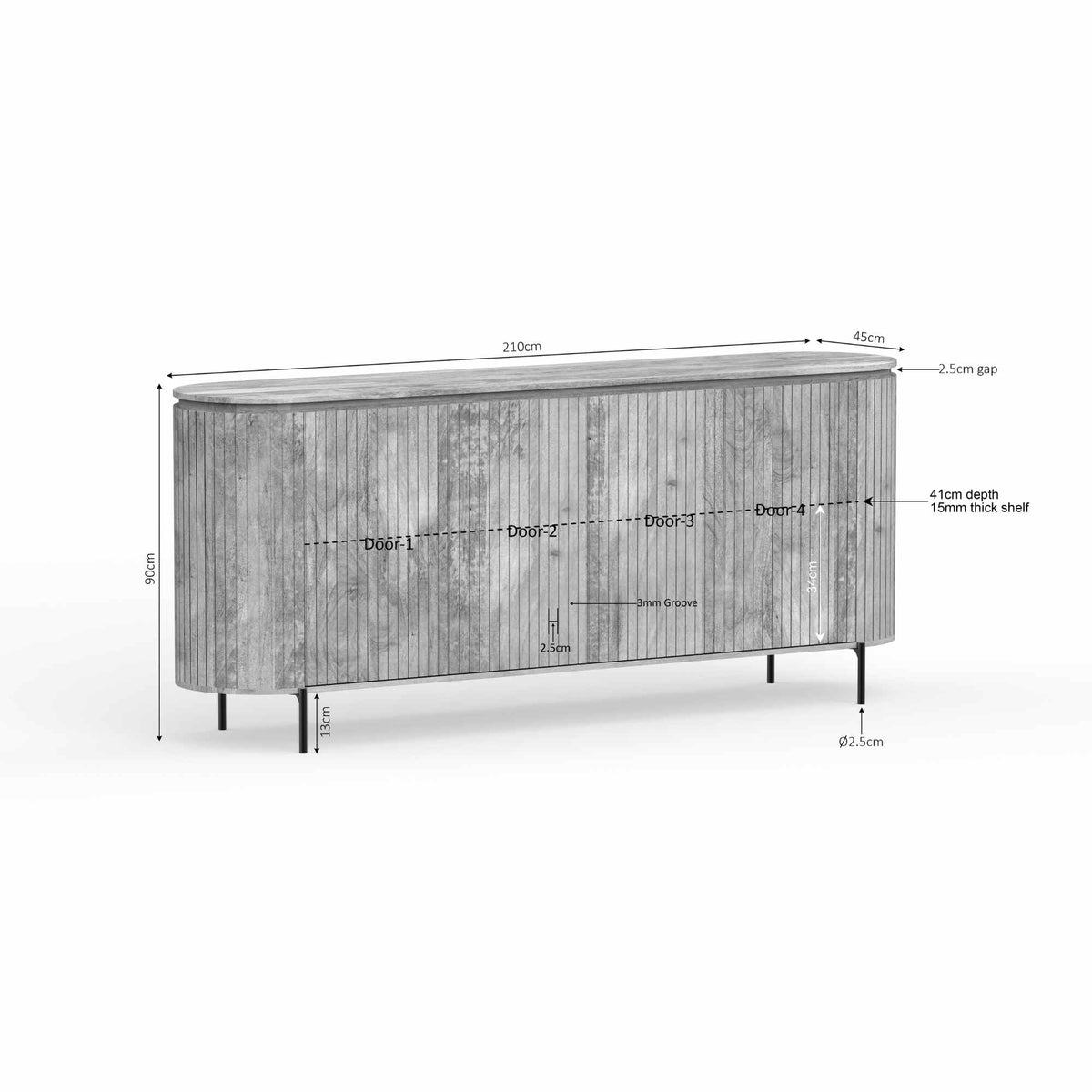 Dressoir Solana taupe met 3 deuren en metalen poten, breed 210 cm