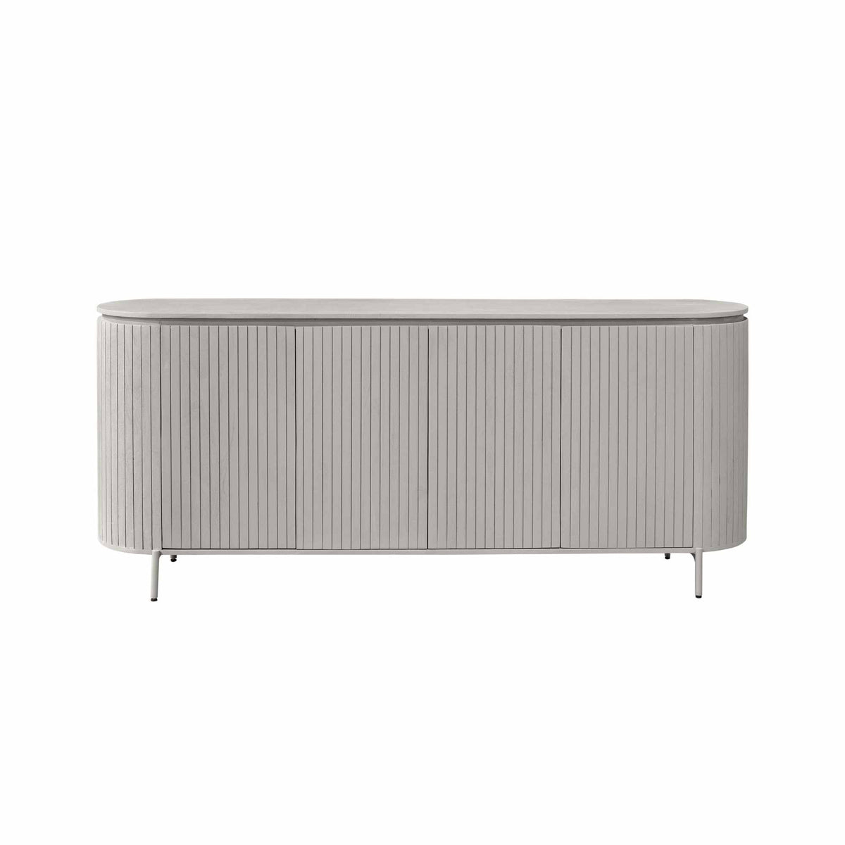 Dressoir met geribbelde deuren en afgerond blad, grijs-taupe, 210 cm.