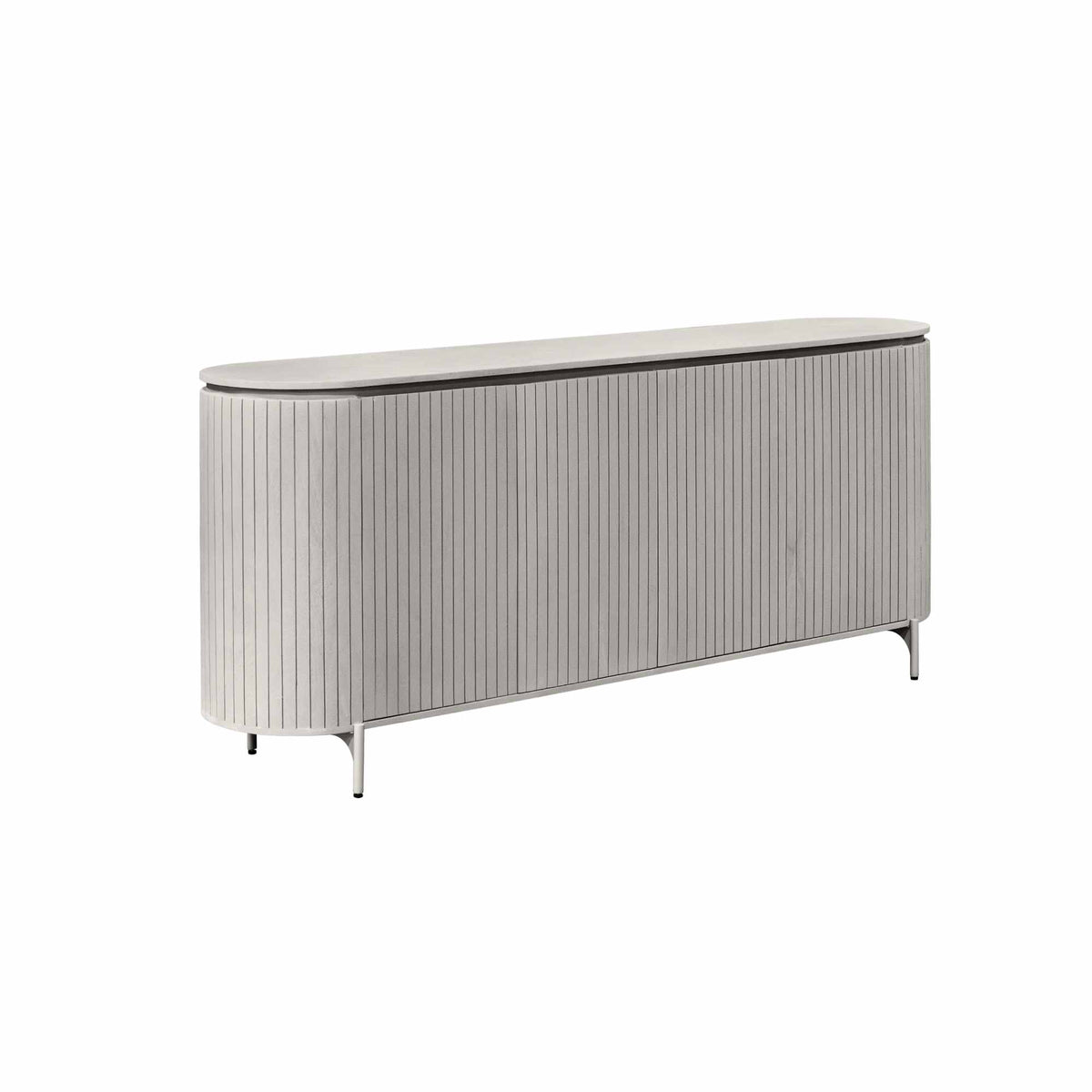 Dressoir zijaanzicht met geribbelde frontpanelen en dunne pootjes, grijs-taupe.