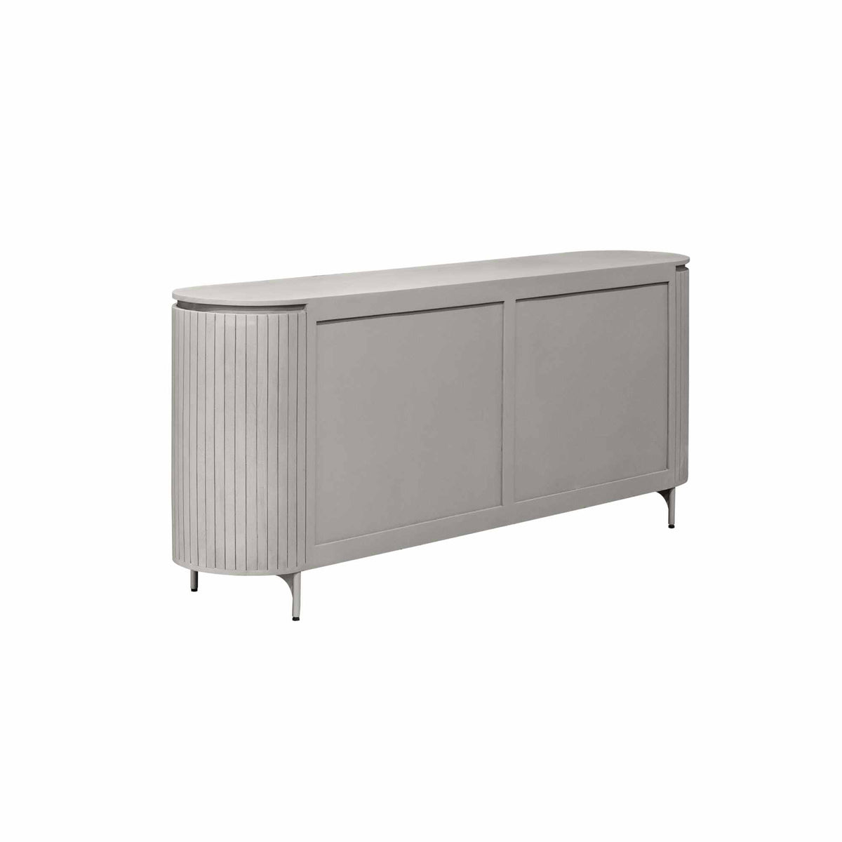 Dressoir zijaanzicht met vlakke deuren en geribbelde zijkant, grijs-taupe.
