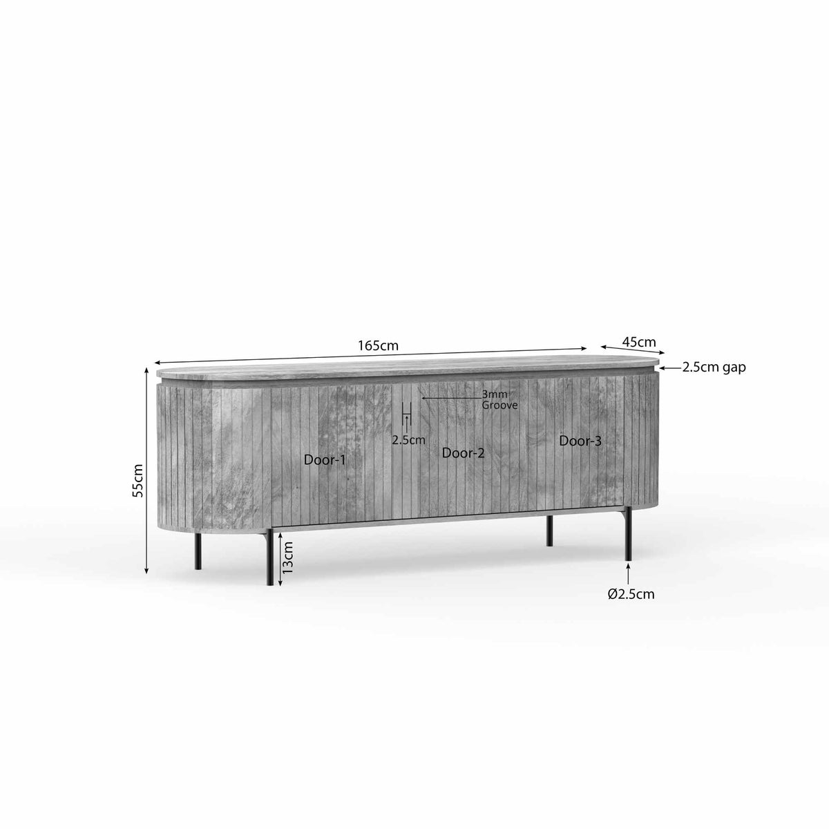 Taupe tv-meubel met maatindicatie: 165 cm breed en 55 cm hoog