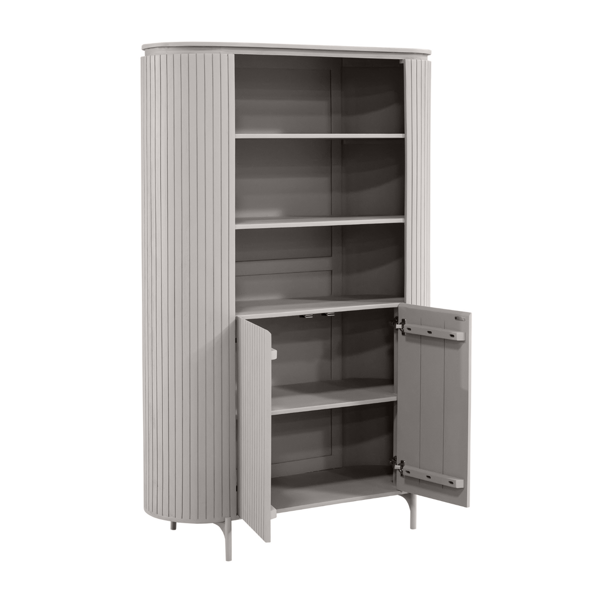 Taupe wandkast met open deuren; legplanken en binnenruimte zichtbaar.