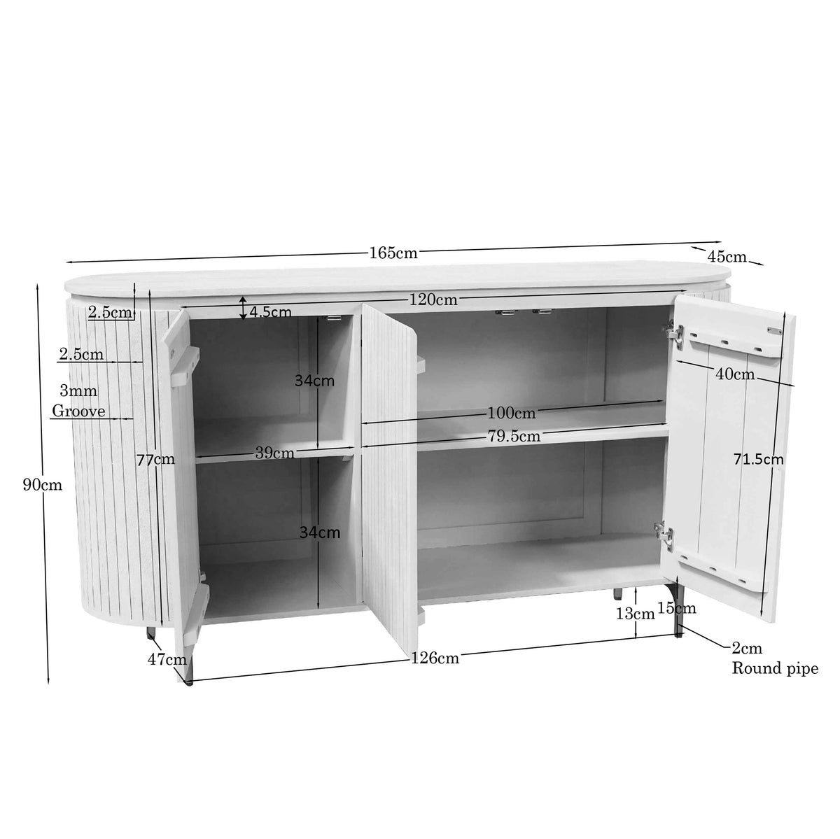 Dressoirkast met openingen en maten: 165 cm breed, 45 cm hoog, 71,5 cm diep