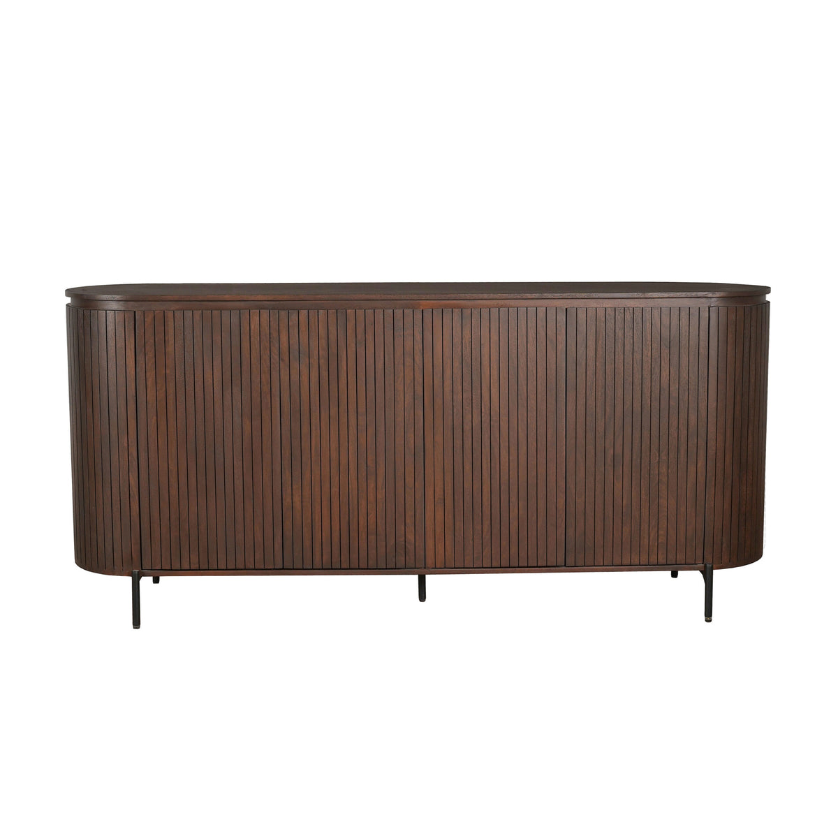 Bruin mangohouten dressoirfront met ronde bovenrand, verticale latten en pootjes.