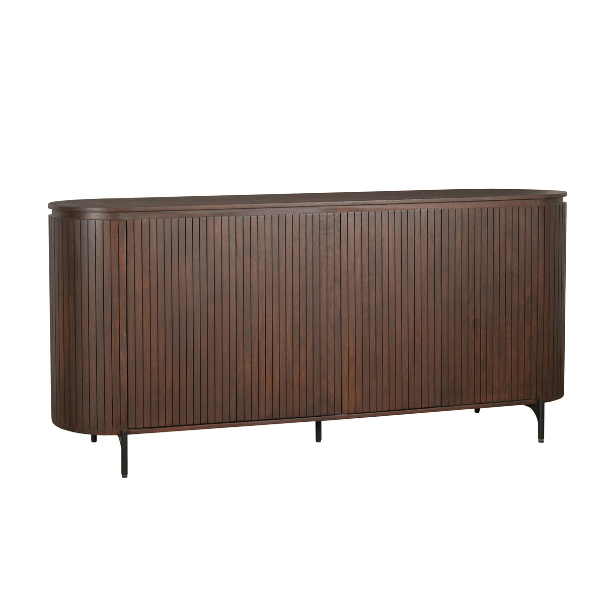 Bruin mangohouten dressoir zijkant met verticale latten en lage poten.