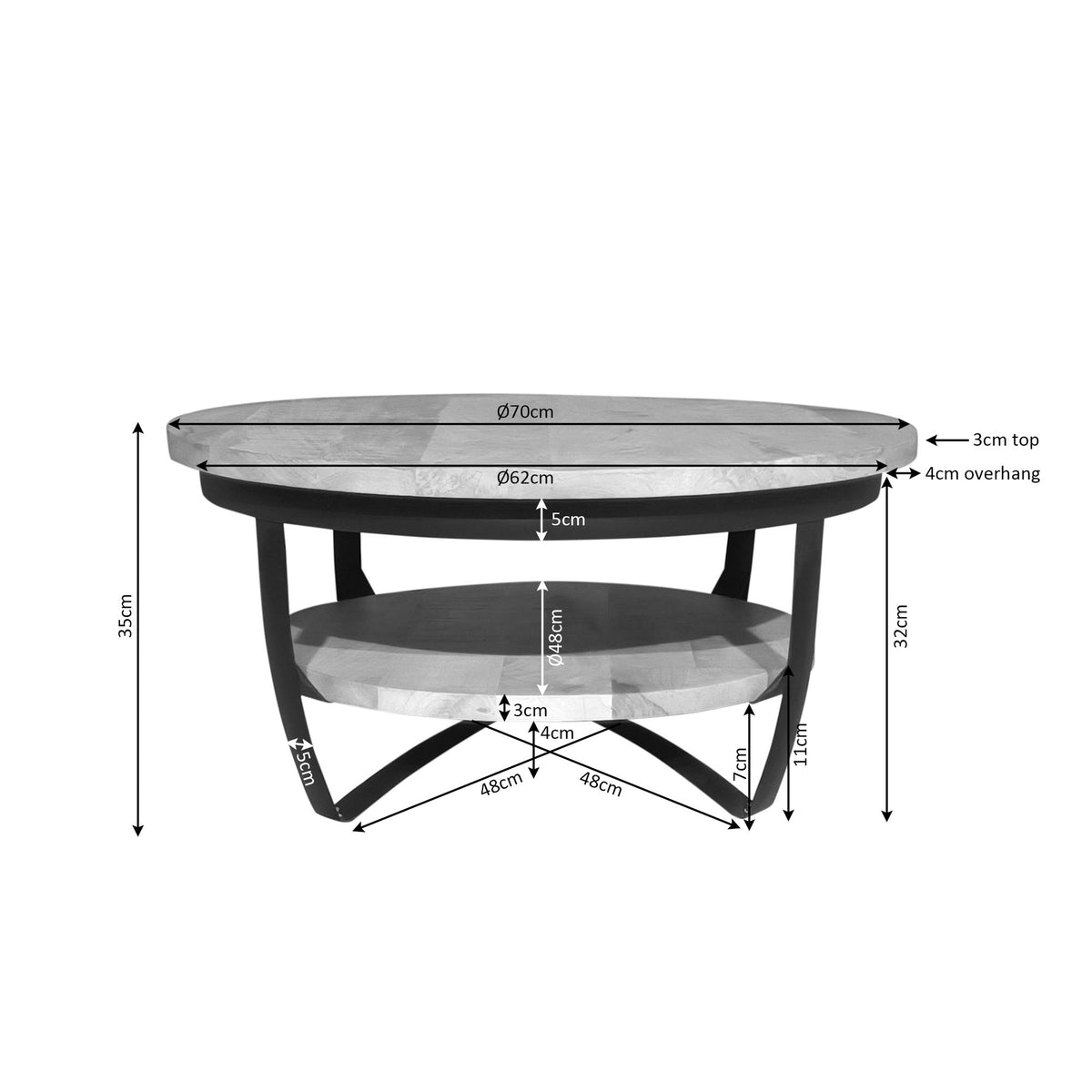 Ronde salontafel licht mango met afmetingen 70 cm diameter en 35 cm hoogte