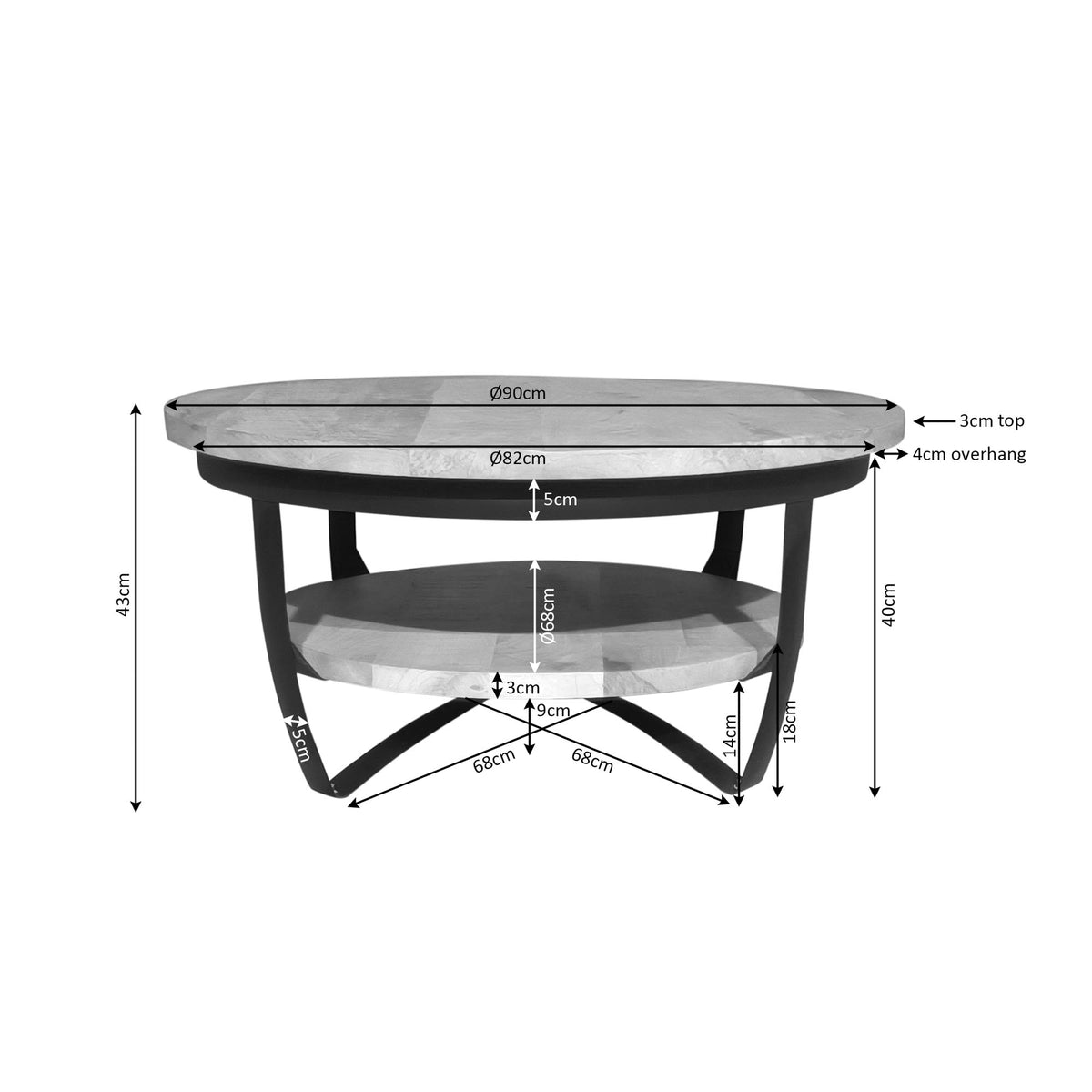 Afmetingen salontafel: rond blad, hoogte 43 cm, onderplank, zwart metalen onderstel