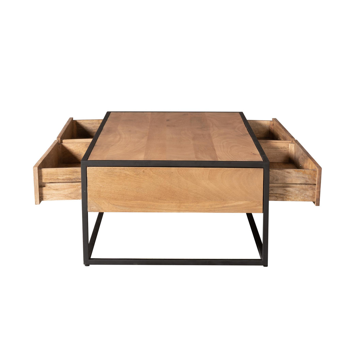 Salontafel met houtlook blad en twee uitgeschoven laden, zwart metalen frame en open vakken