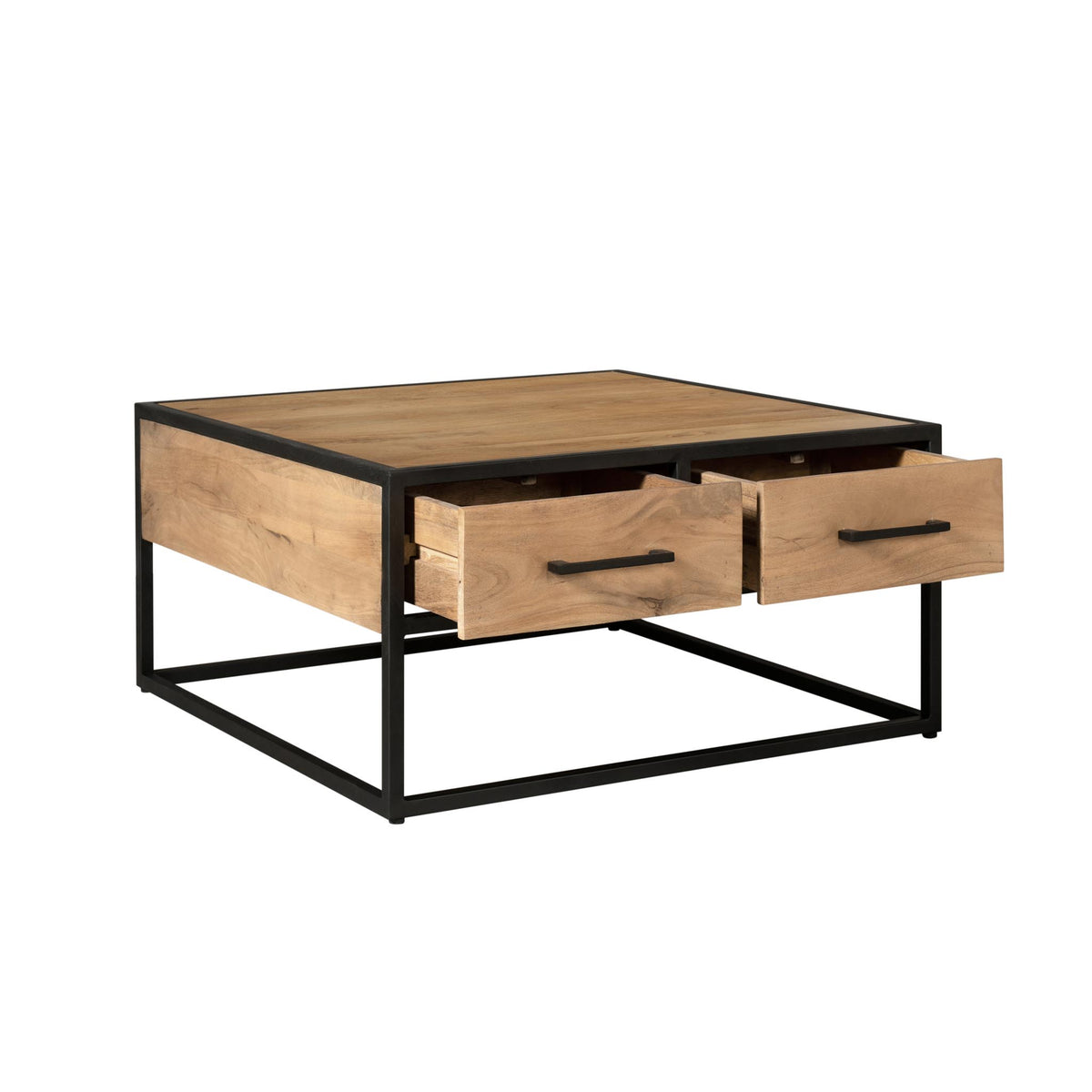 Salontafel met open lades, houten blad en twee lades op zwart metalen frame