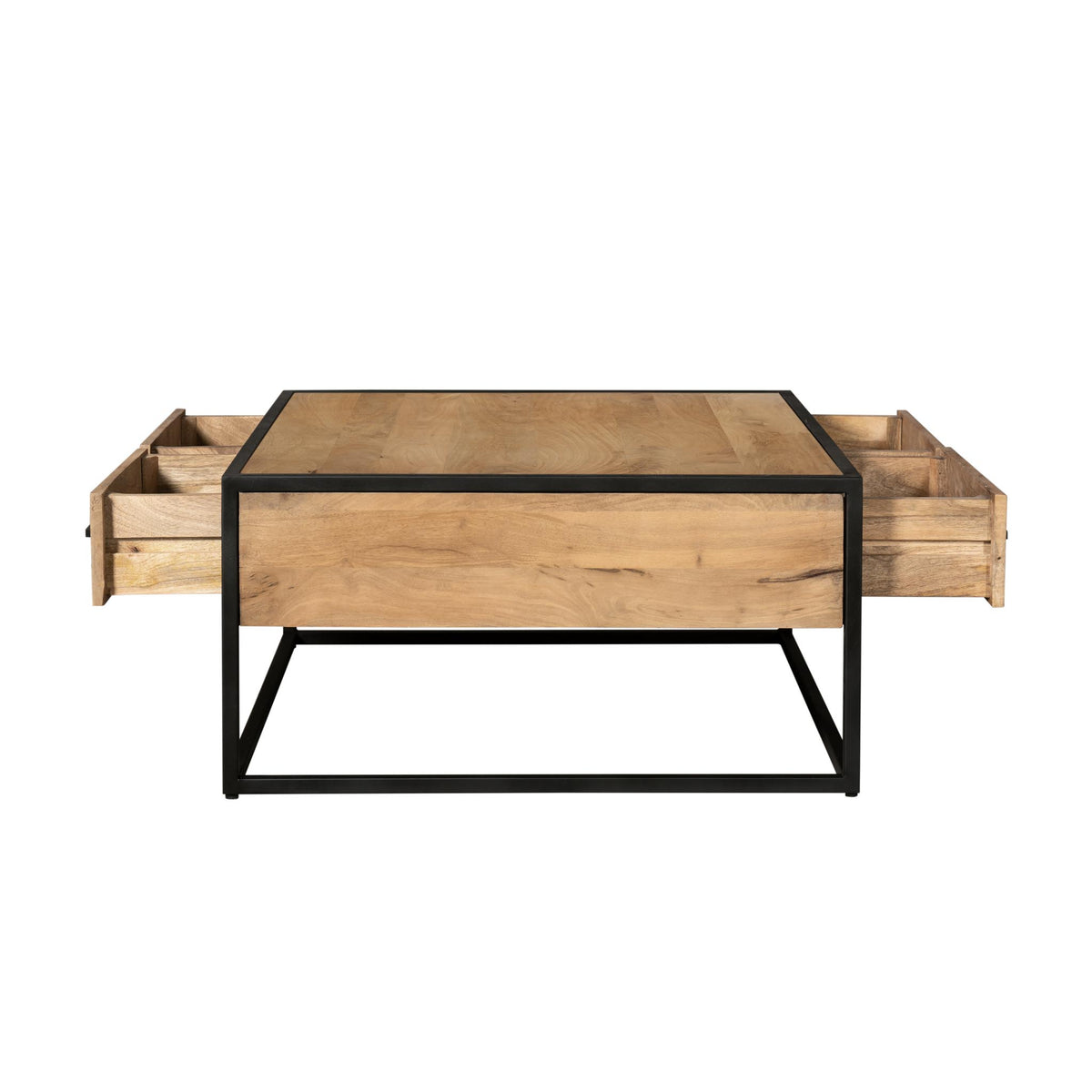 Salontafel met houten blad, lade en open opbergvakken aan beide zijden