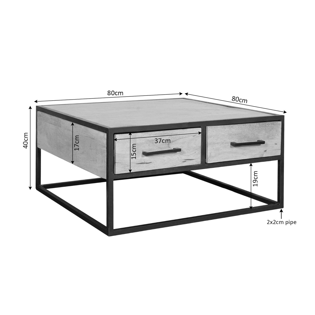 Salontafel met houten blad, twee lades en afmetingen 80 cm, zwart metalen frame