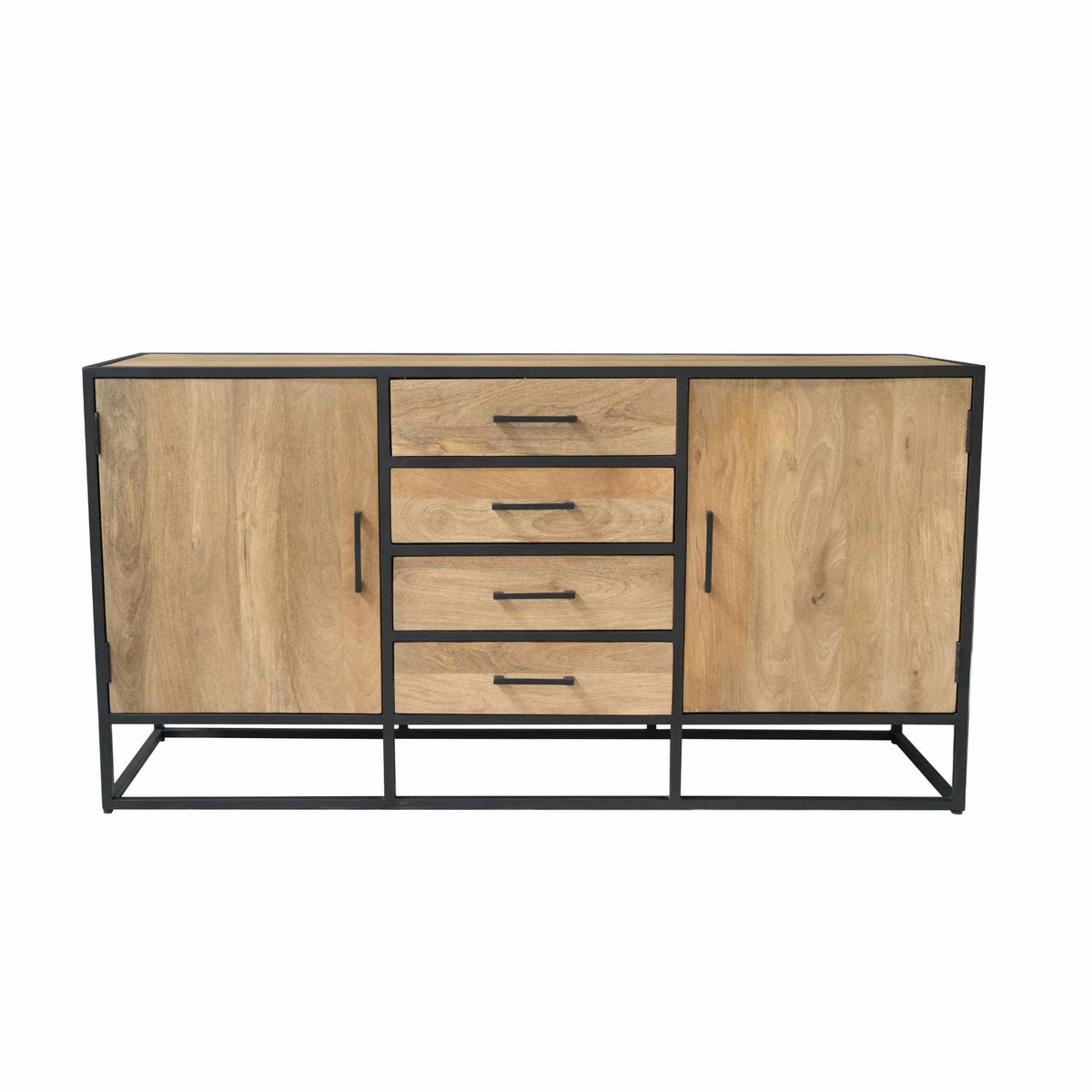 Dressoir Dakota frontaanzicht met twee deuren, vier lades en zwarte metalen omlijsting.