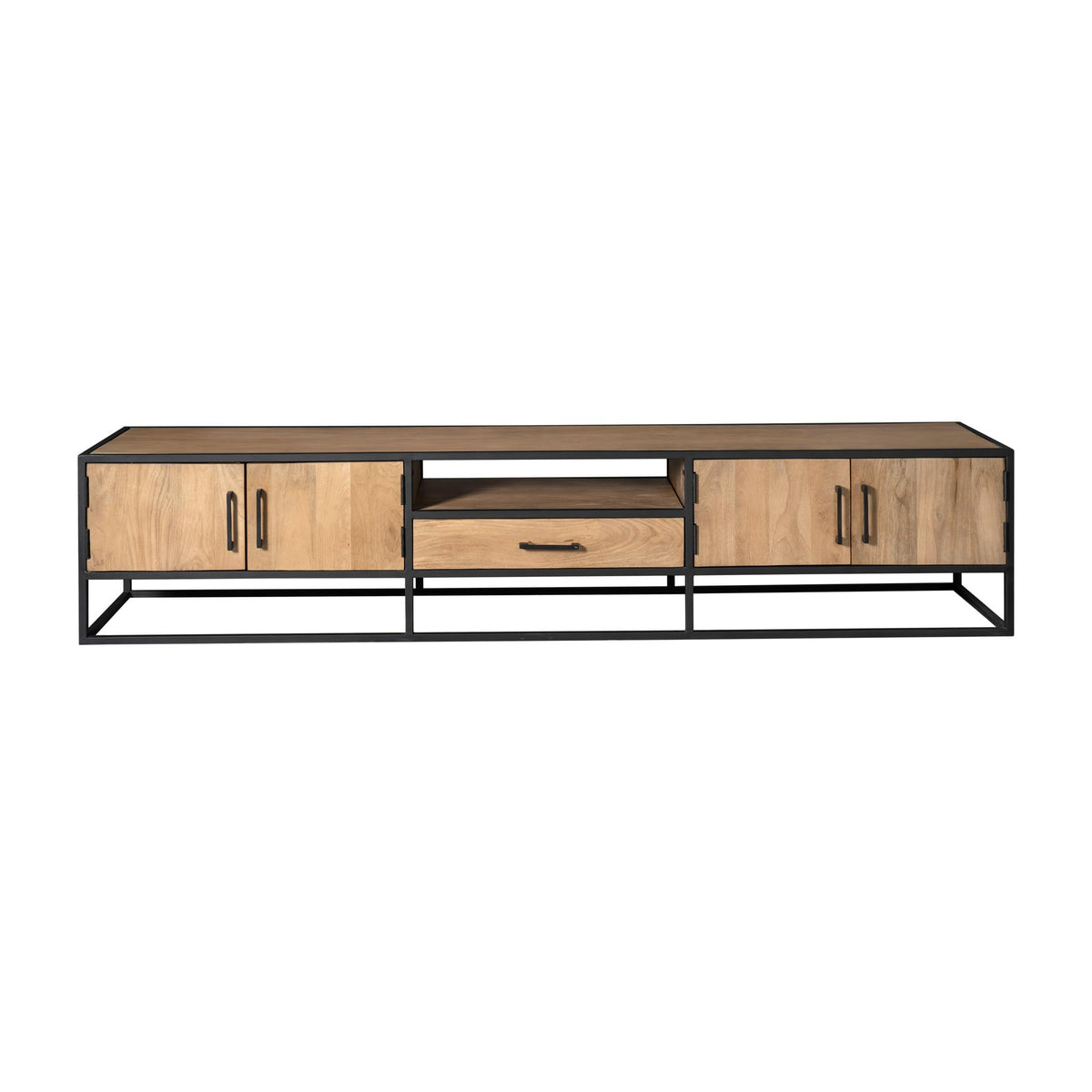 Tv-meubel Dakota 240 cm met twee deuren en middenlade, zwart metalen frame
