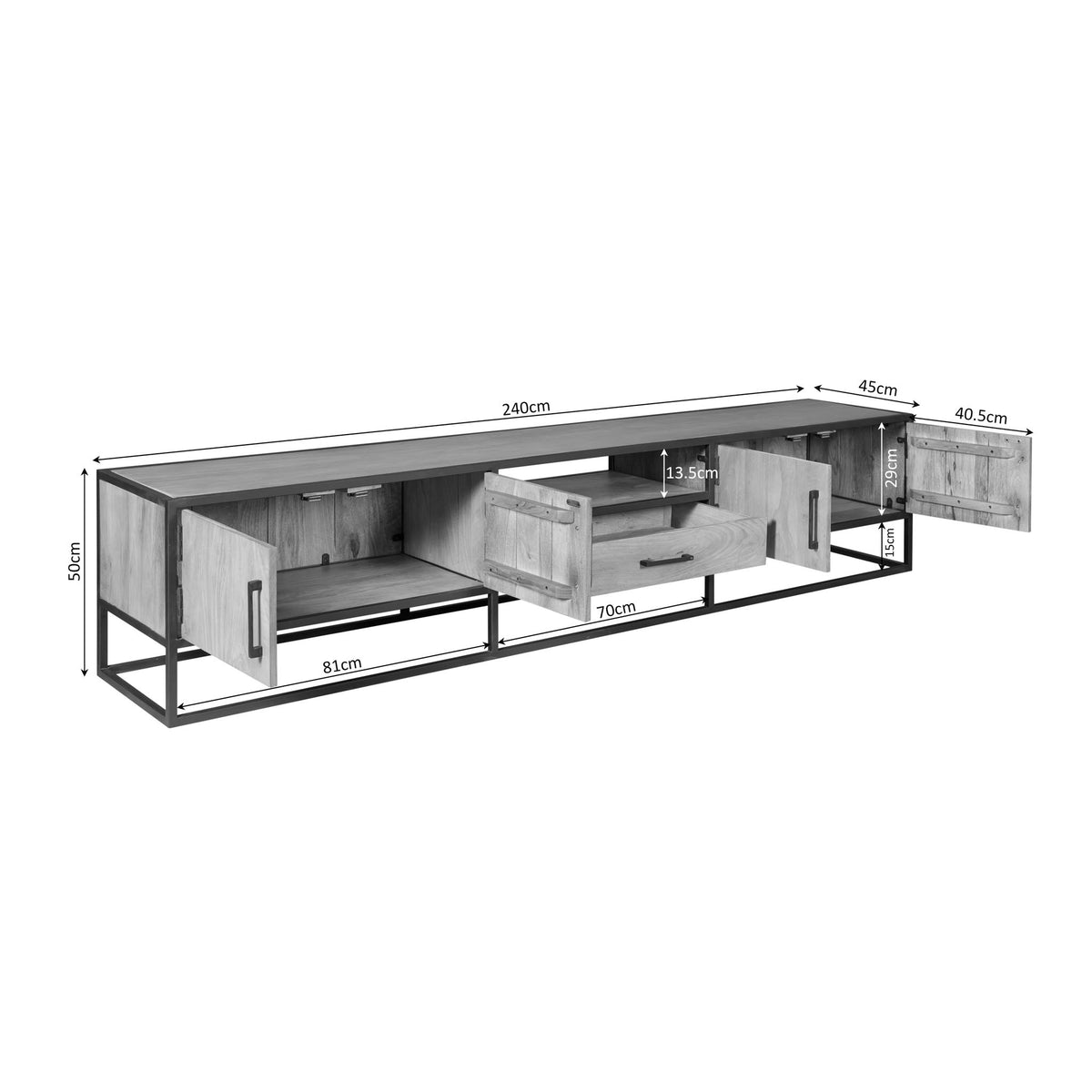 Tv-meubel Dakota 240 cm met zicht op open vakken en middenlade, hout en zwart frame