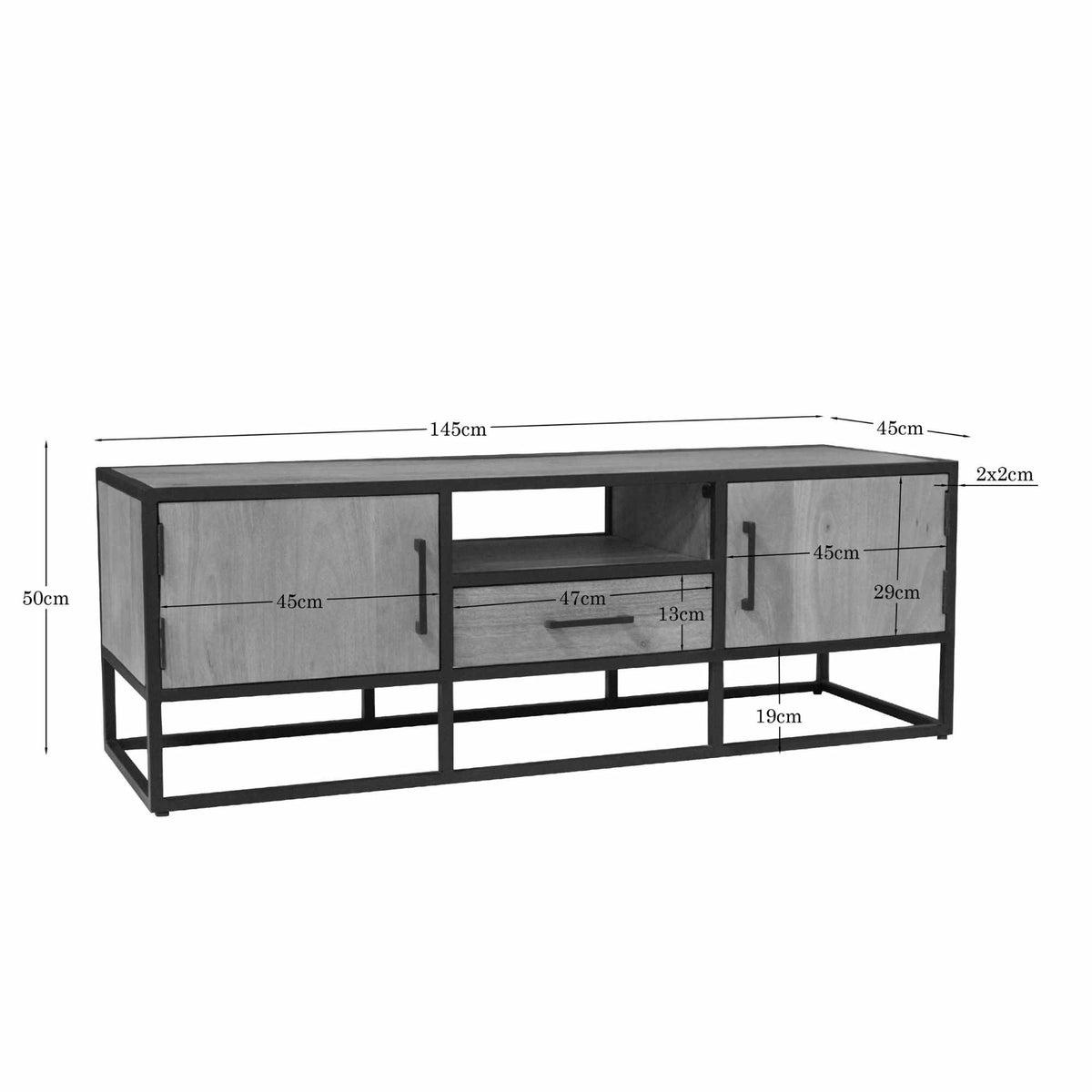 TV-meubel Dakota technische schets: deuren en middenlade op zwart metalen frame
