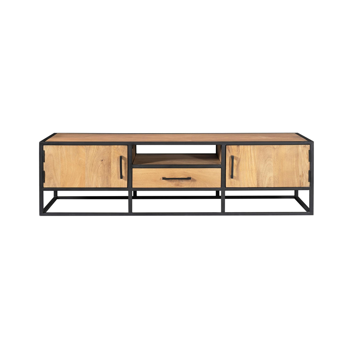 TV-meubel Dakota 180 cm, zwart frame met houten deuren en centrale lade.