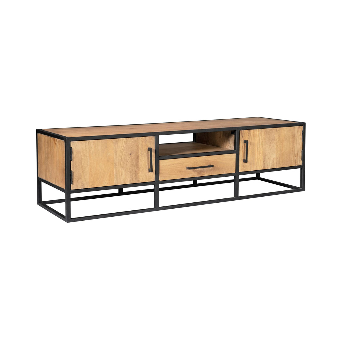 TV-meubel Dakota 180 cm in hout met zwart frame, twee deuren en middenlade.