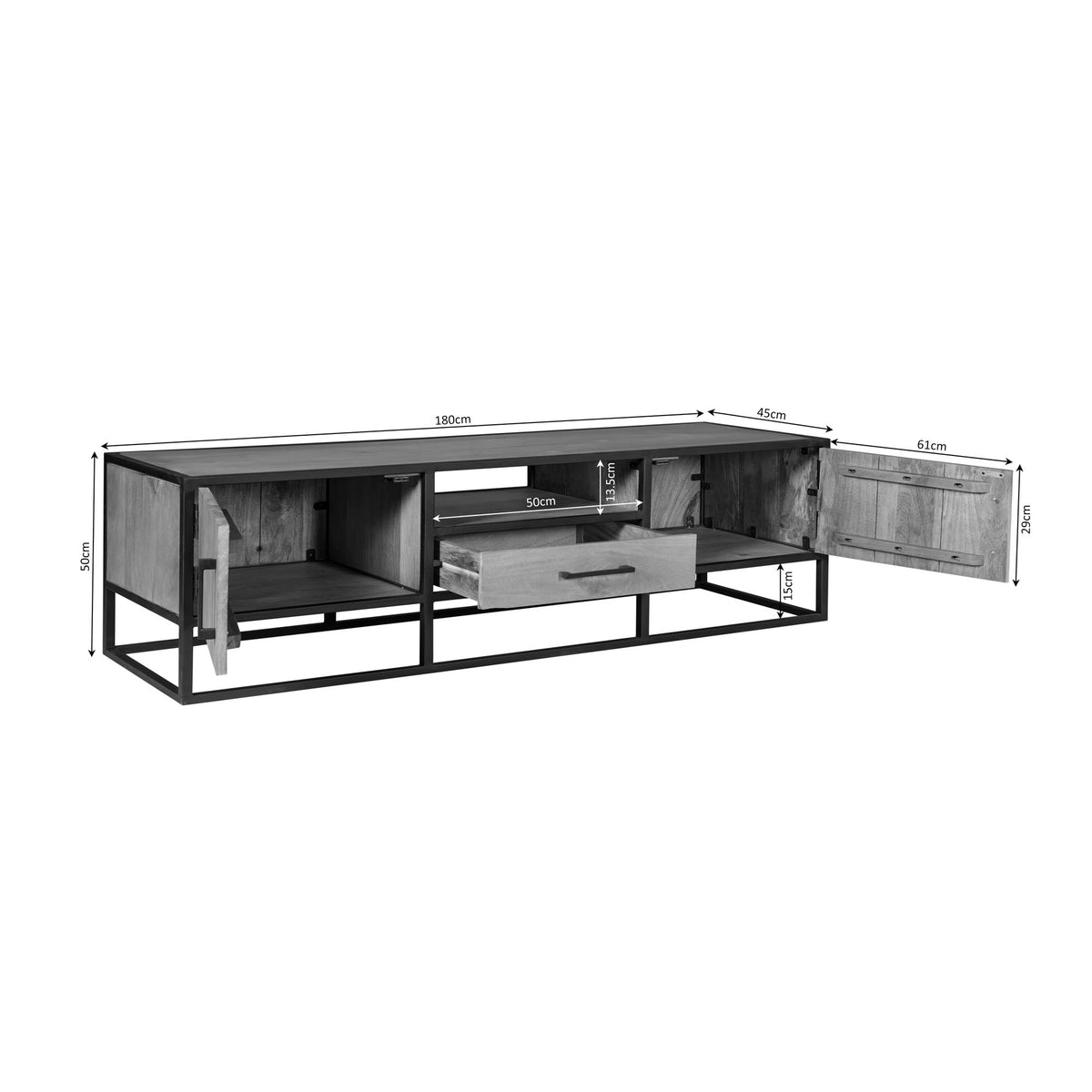 TV-meubel Dakota 180 cm met afmetingen, hout en zwart metalen frame.