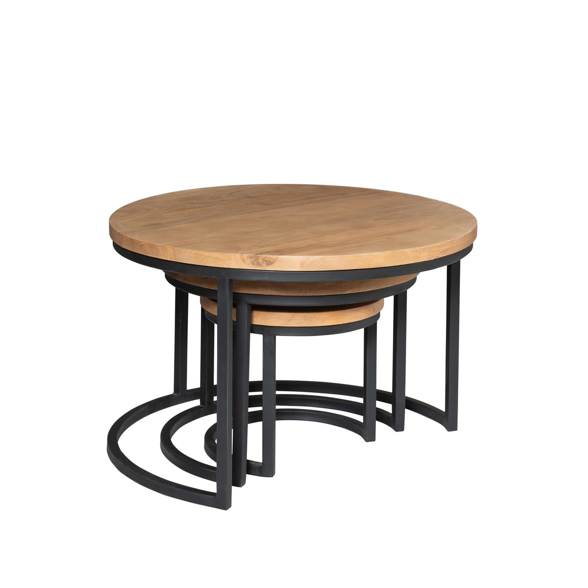 Ronde salontafels set van 3 met houtkleurig blad en zwart metalen frame, nestend