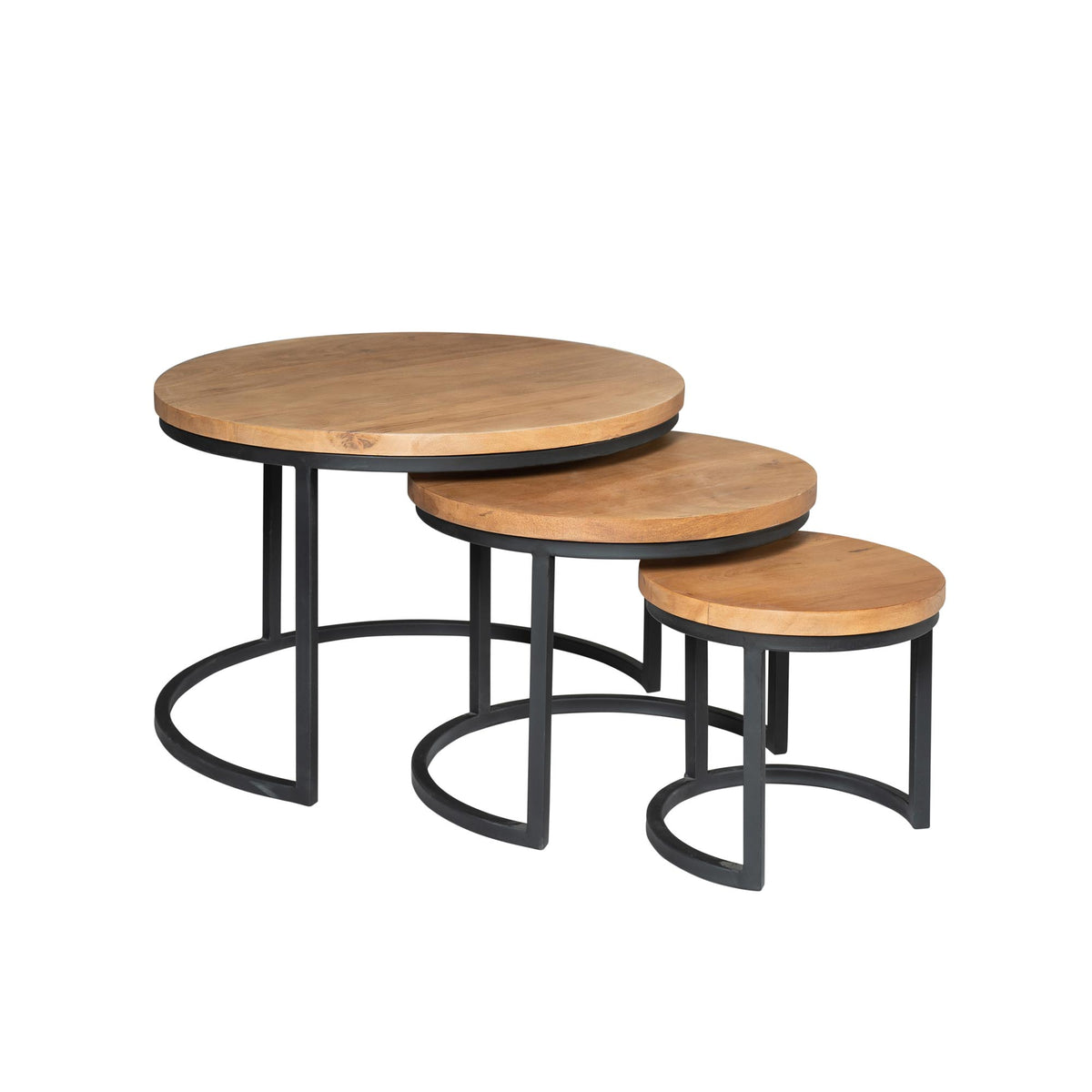 Set van 3 ronde salontafels met houtkleurige bladen en zwart metalen poten
