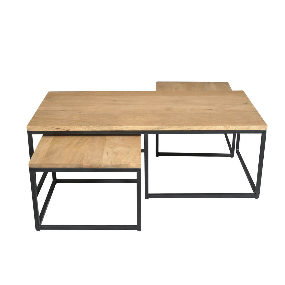 Salontafelset met 3 tafels: houten blad en zwart metalen onderstel met open pootjes