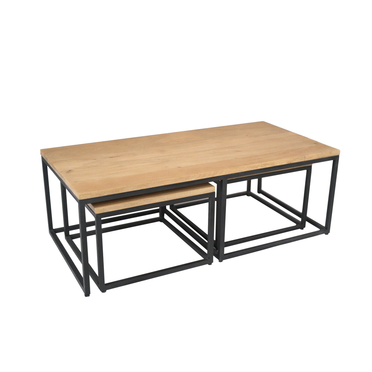 Salontafelset van 3: rechthoekig houten blad met zwart metalen frame en open legplank