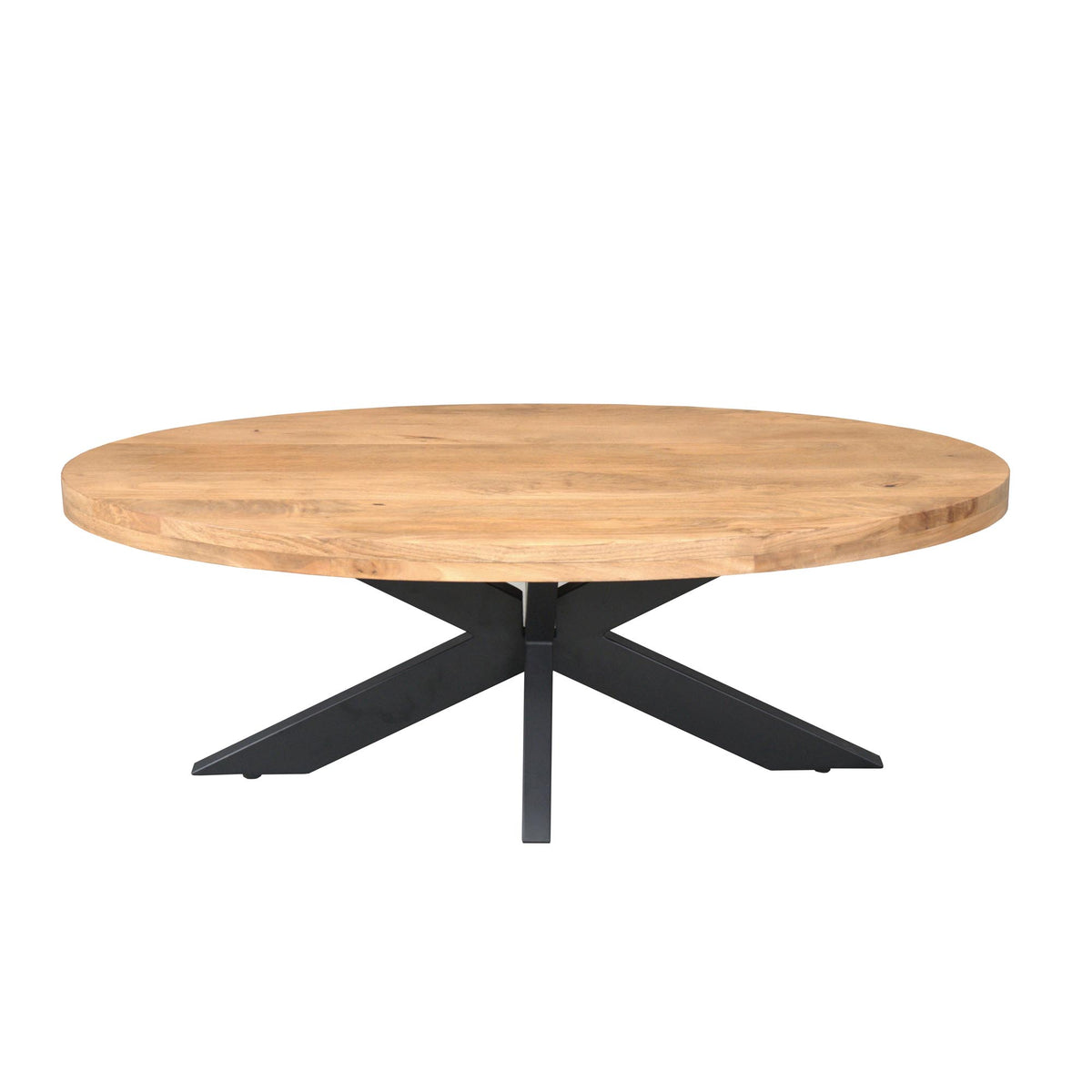 Ovale salontafel met licht eikenhouten blad en zwart metalen onderstel