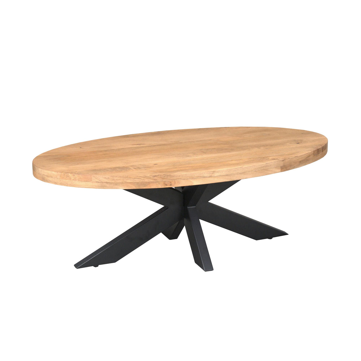 Ovale salontafel met licht eikenhouten blad en zwarte metalen poten