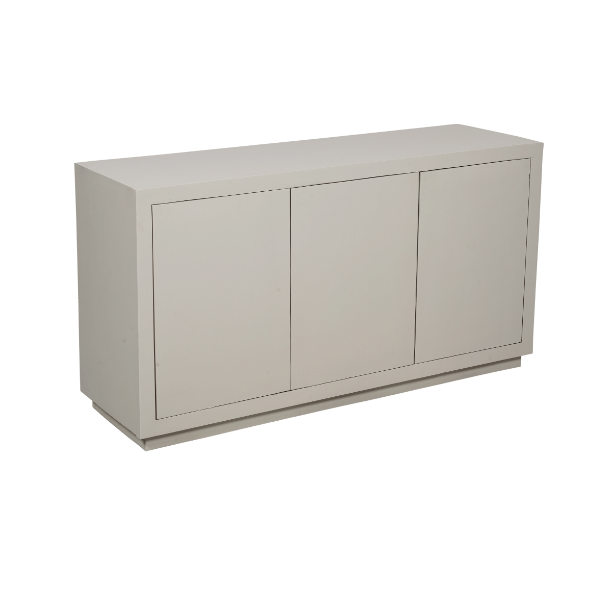 Dressoir met 3 deuren, rechthoekige vormen, lichtgekleurde kast met strakke naden.