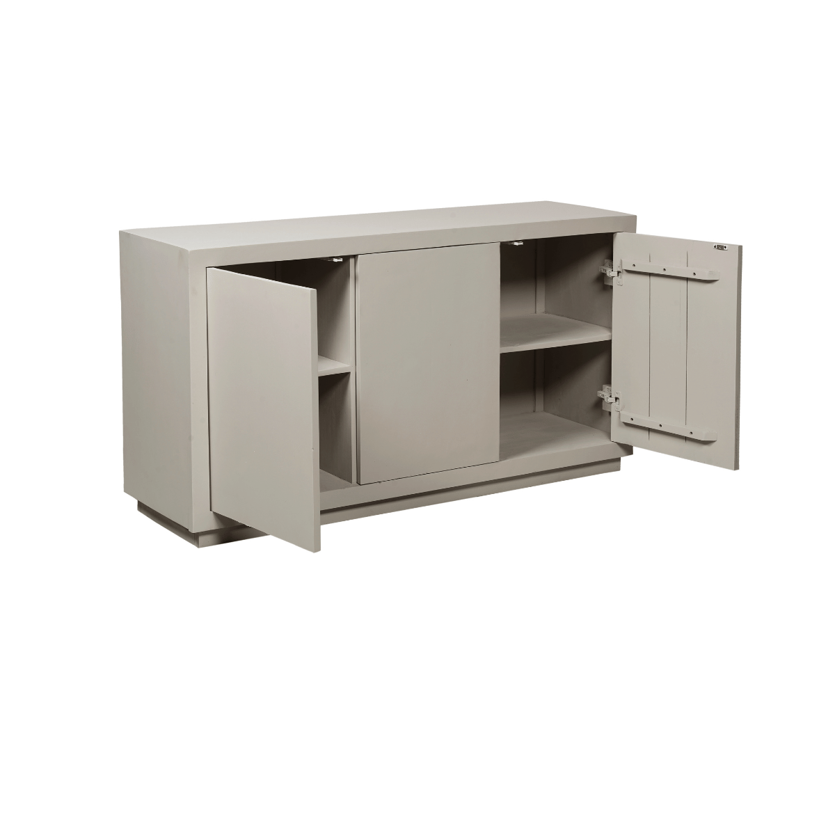 Dressoir met open deur, scharnieren zichtbaar, interieur met opbergvakken en planken.