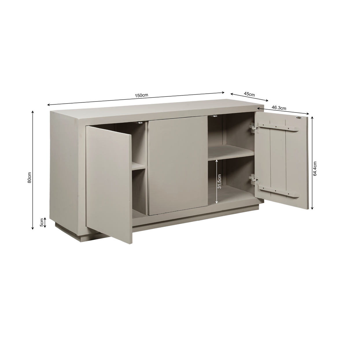 Dressoir met open deuren en afmetingen, interieur met planken en 3 opbergvakken.