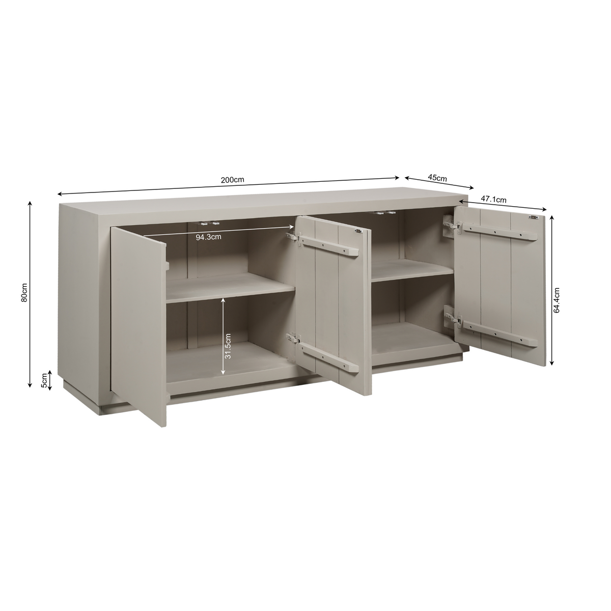 Wit dressoir met 4 deuren, open vakken en legplanken