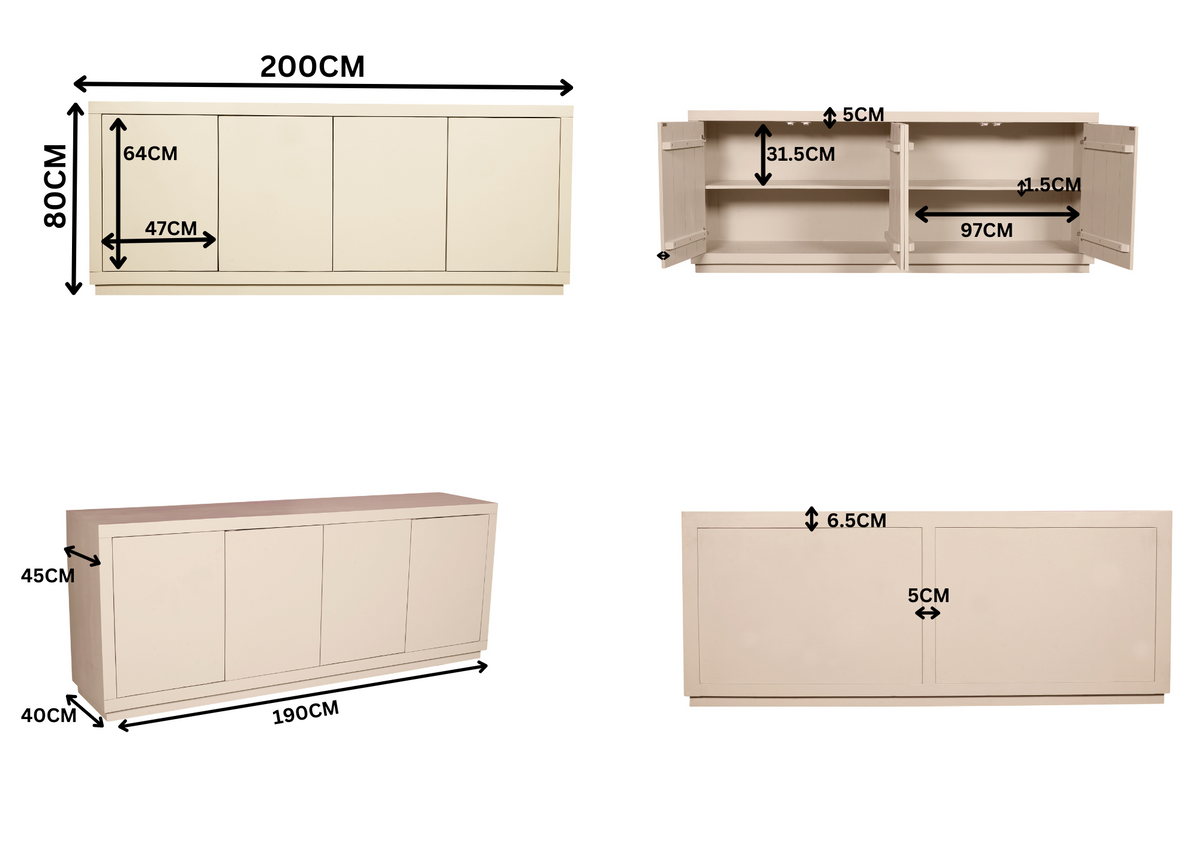 Wit dressoir met 4 deuren, afmetingen 200 cm breed
