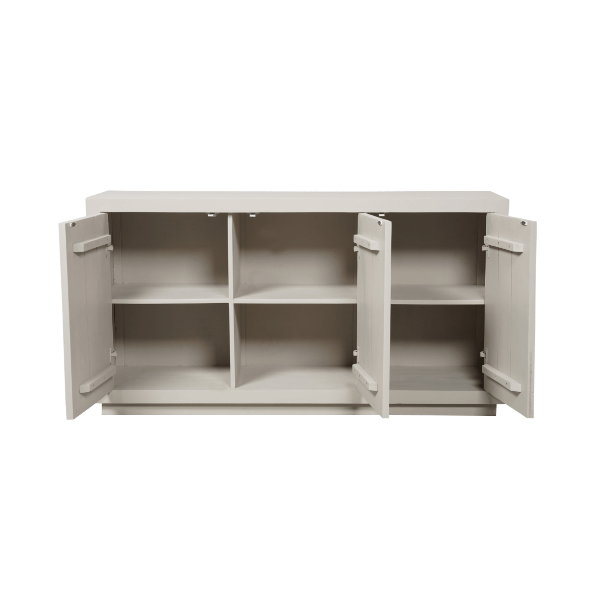 Lichtkleurig dressoir met open deuren; binnenruimte met legplanken en scharnieren