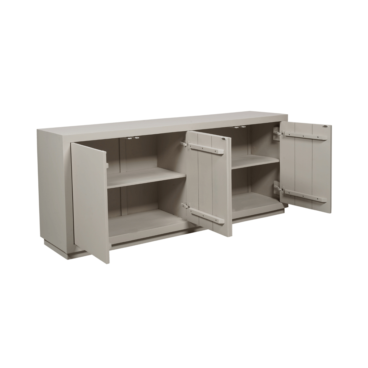 Lichtkleurig dressoir, open front met legplanken en verborgen deur-/scharnierdetails
