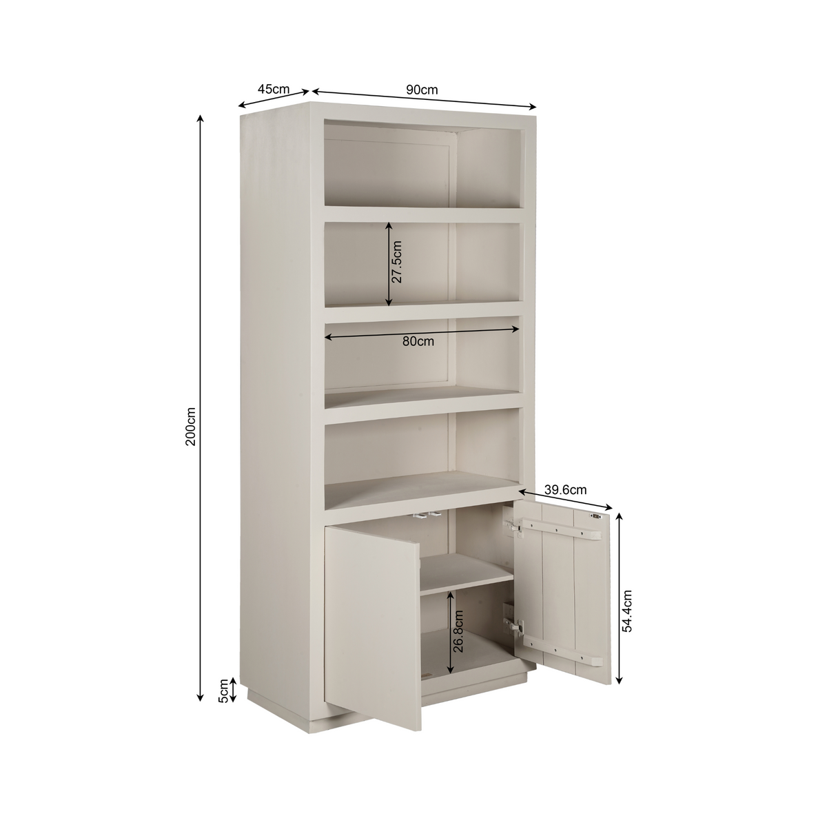 Witte boekenkast met afmetingen: 90cm breed, 200cm hoog, 54cm diep