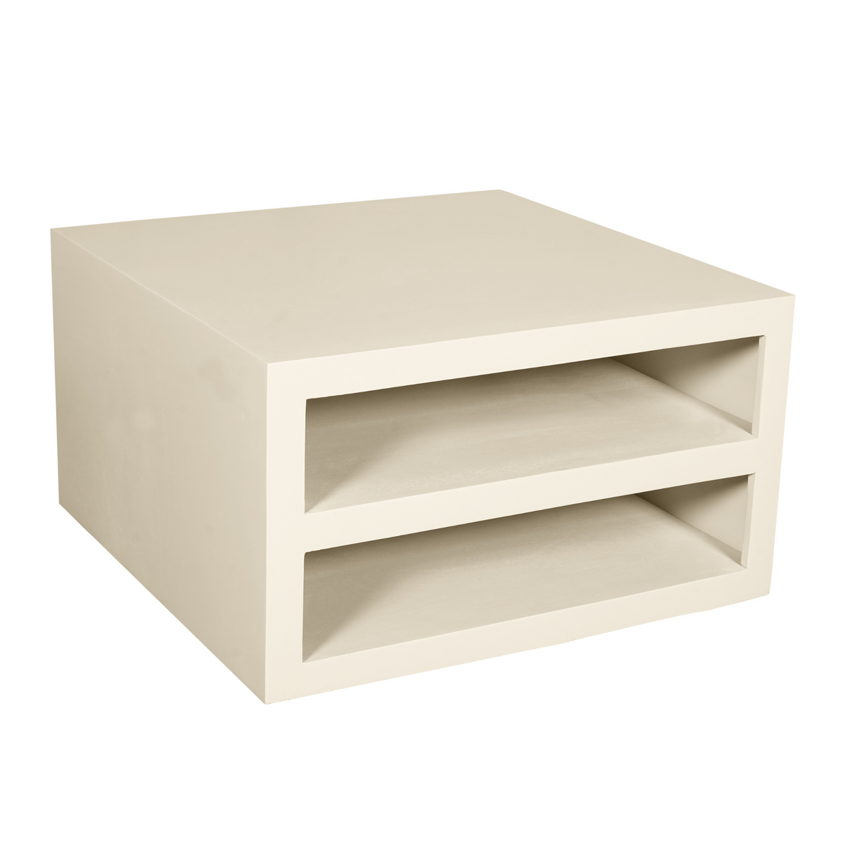 Salontafel zandkleur met twee open legplanken, hoekaanzicht met rechthoekig blad.
