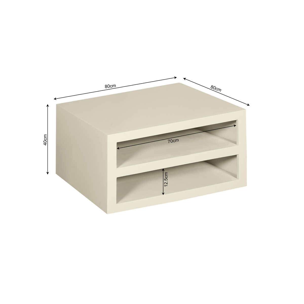 Salontafel zandkleur met afmetingen 80×40×80 cm en twee open planken.