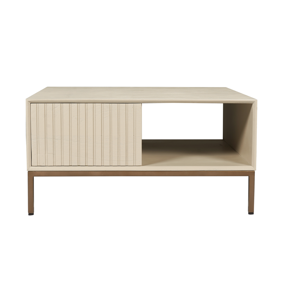 Vierkante salontafel zandkleur met ladefront en open zijvak, rechthoekig model.