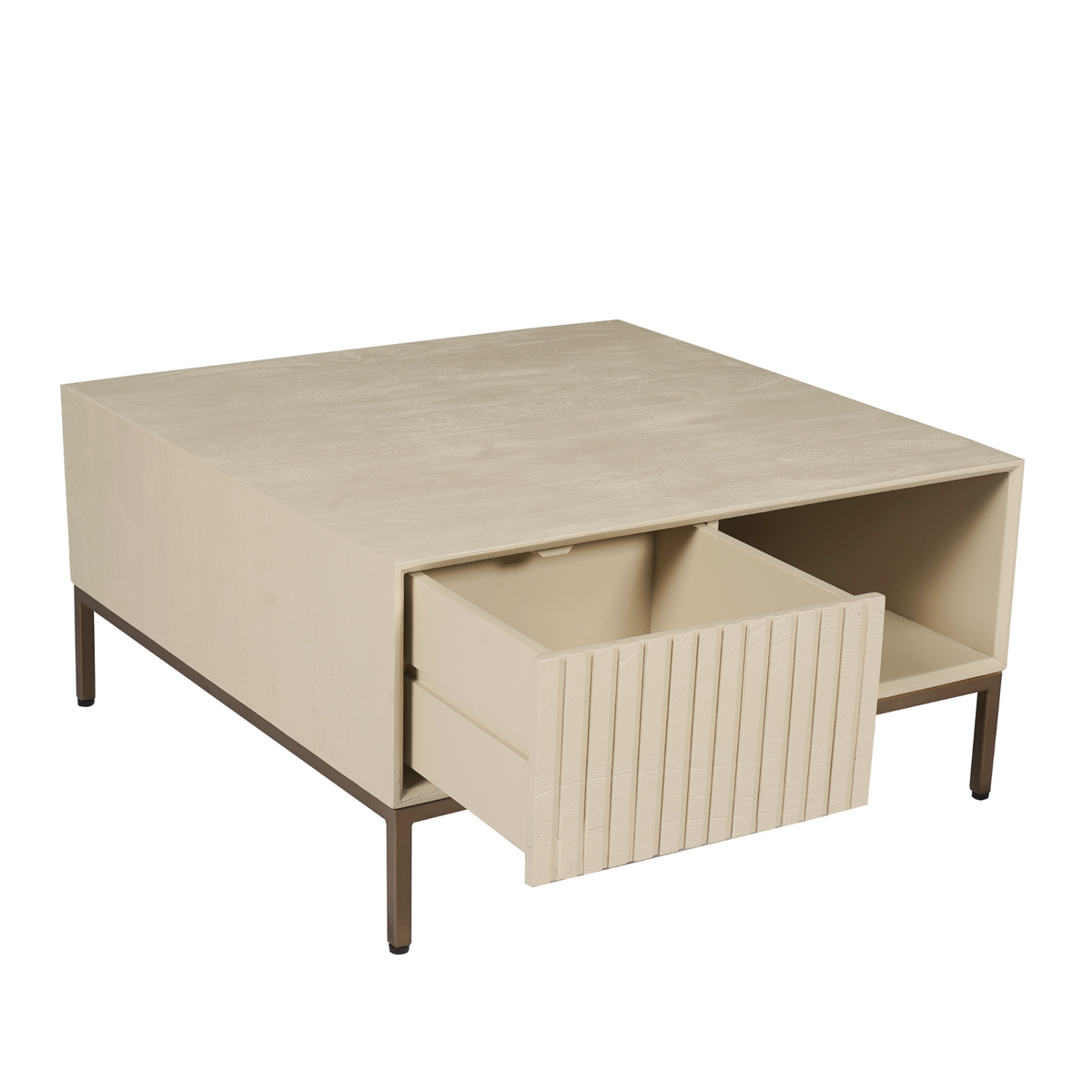 Vierkante salontafel zandkleur met lade en open zijvak, zijaanzicht met schuine greeplijn.