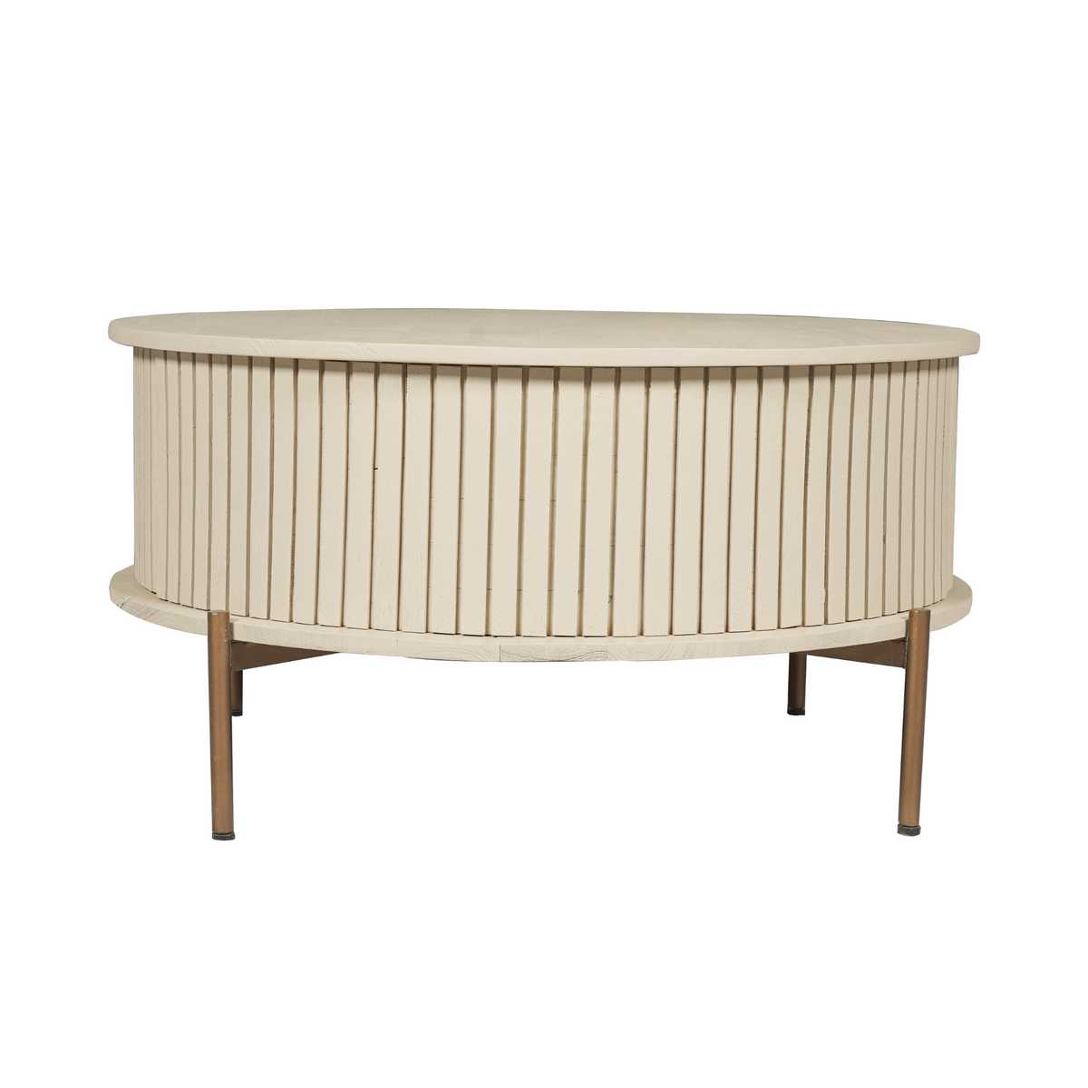 Ronde salontafel met zandkleurig blad, verticale lamellenfront en houten poten