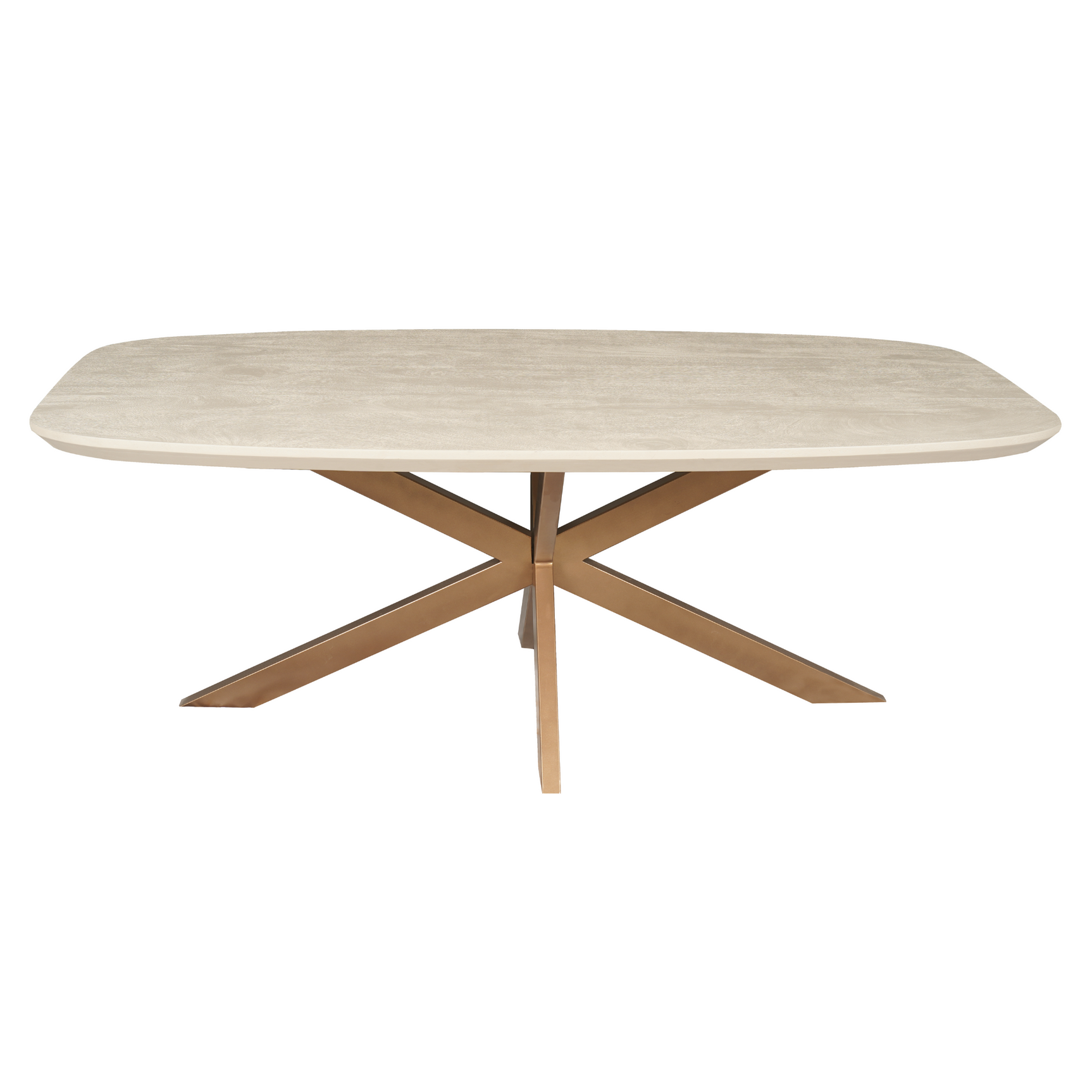 Eettafel met zandkleurig ovaal blad en X-vormig houten onderstel